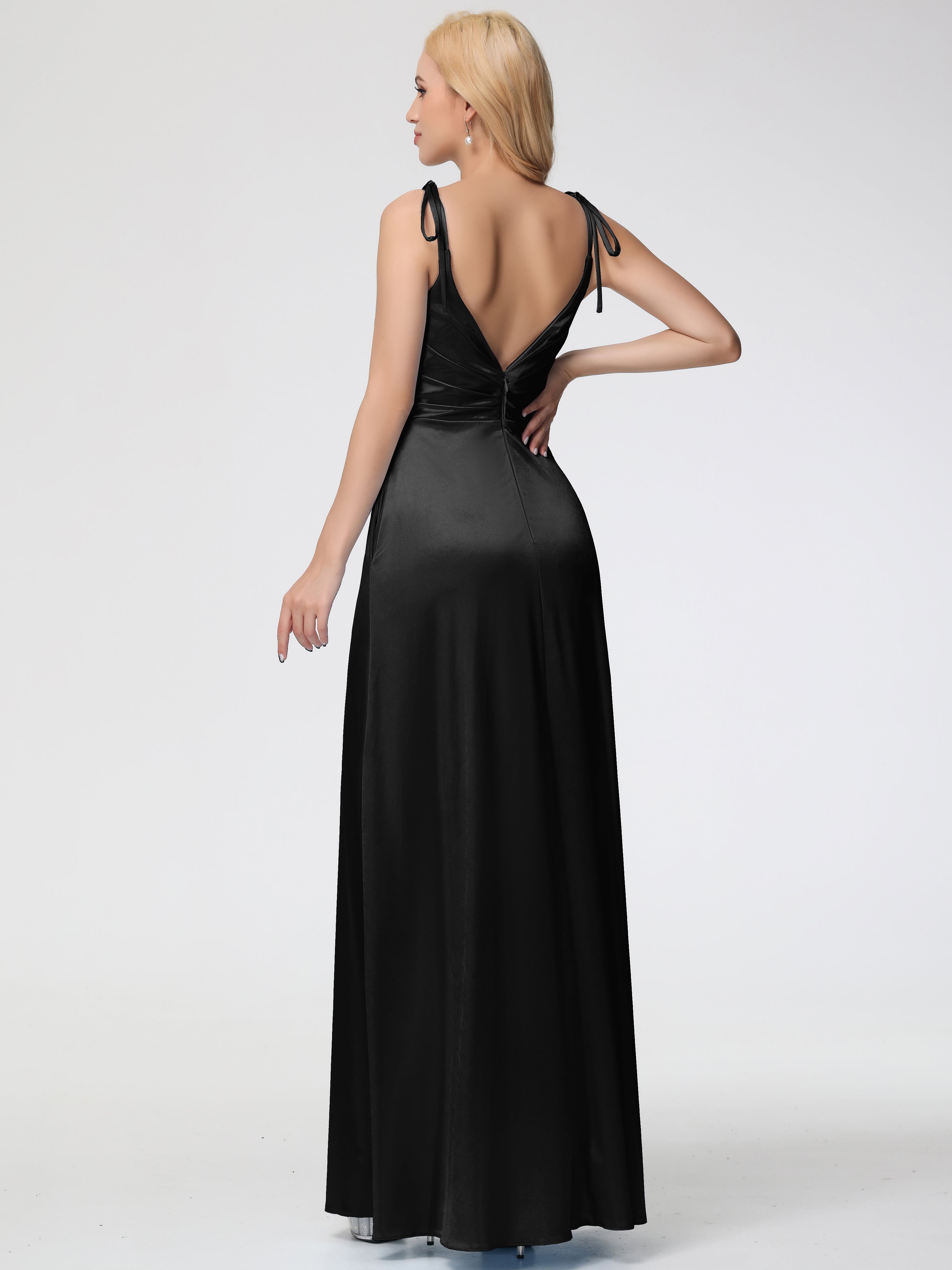 Black Stretchy Formal Dress Spaghetti Straps V-Neck Ruched Floor Length Stretch Satin Formal Dress With Slit