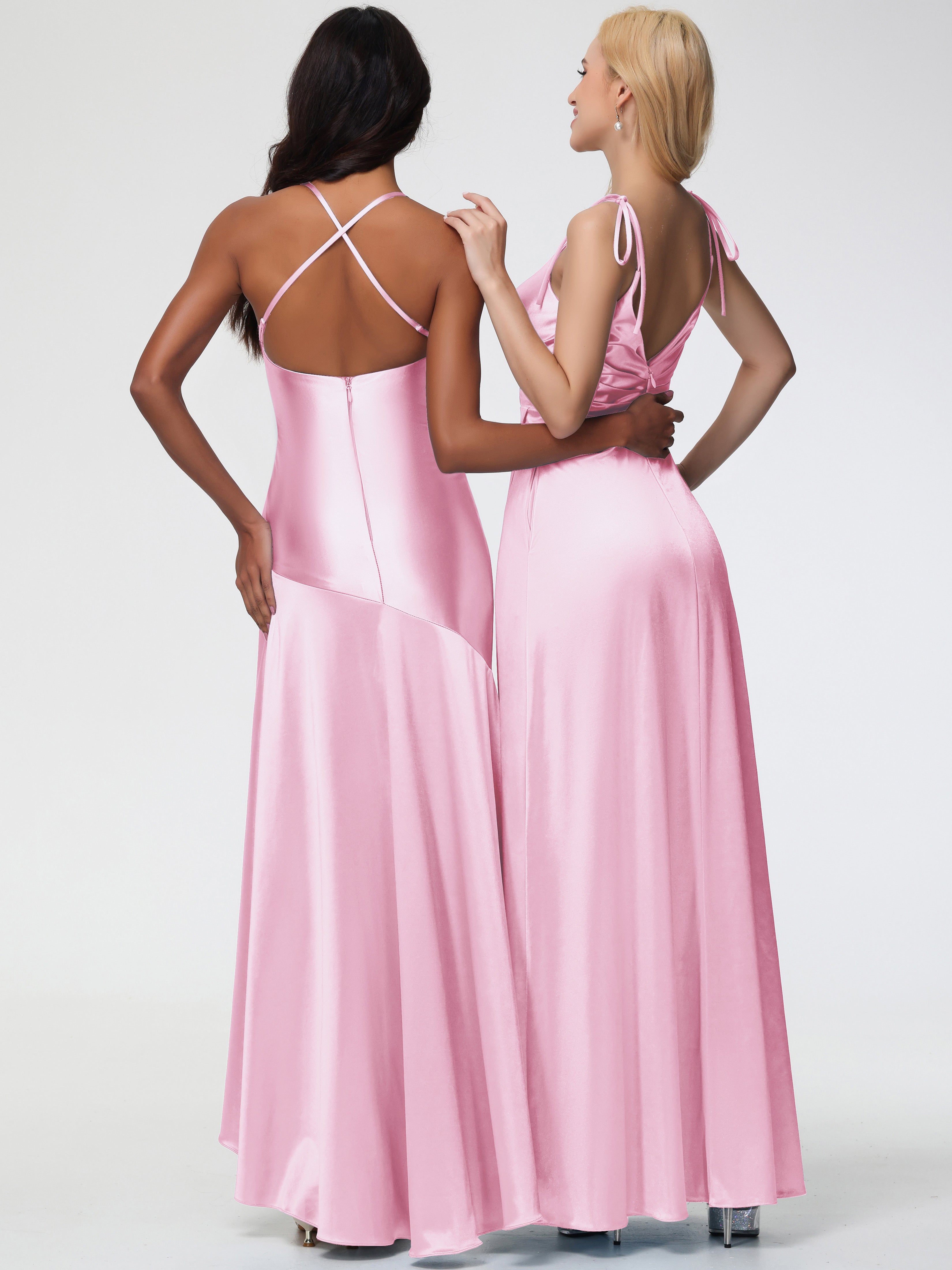 Blush Pink Multiway Formal Dresses Spaghetti Straps V-Neck Ruched Floor Length Stretch Satin Formal Dress With Slit