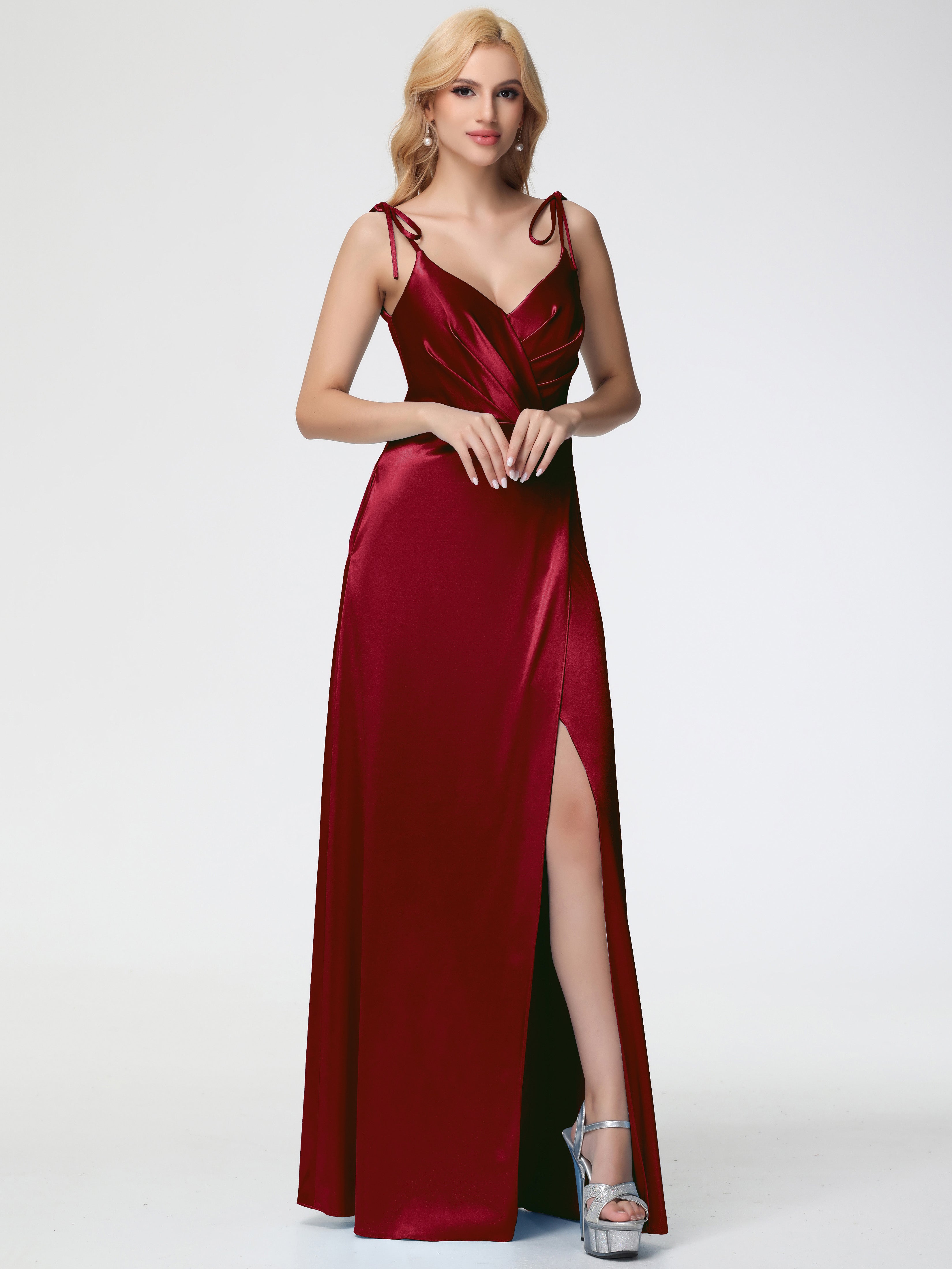Stretch Satin Burgundy Formal Dresses Spaghetti Straps V-Neck Ruched Floor Length Stretch Satin Formal Dress With Slit