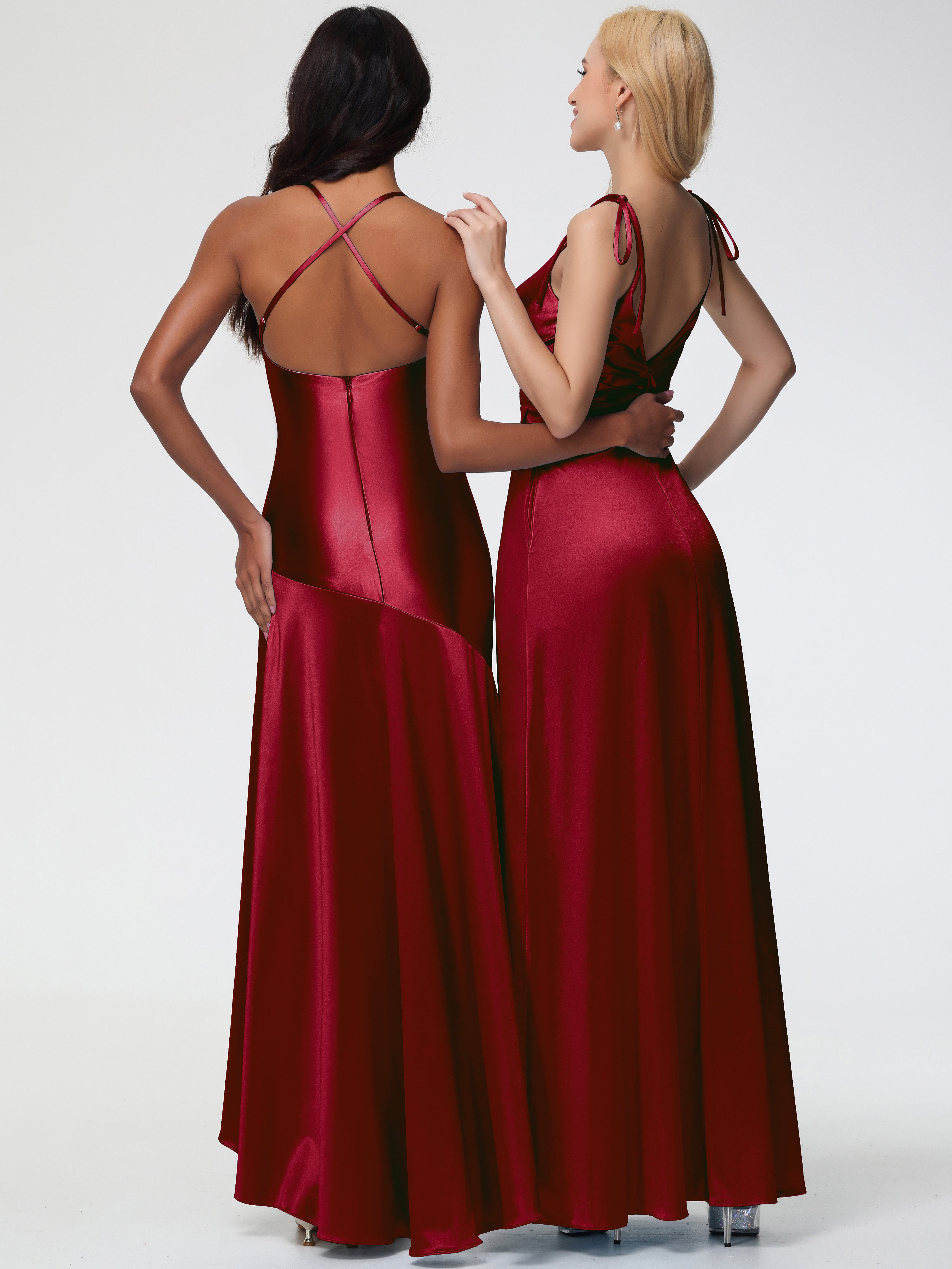 Stretch Satin Burgundy Formal Dresses Spaghetti Straps V-Neck Ruched Floor Length Stretch Satin Formal Dress With Slit