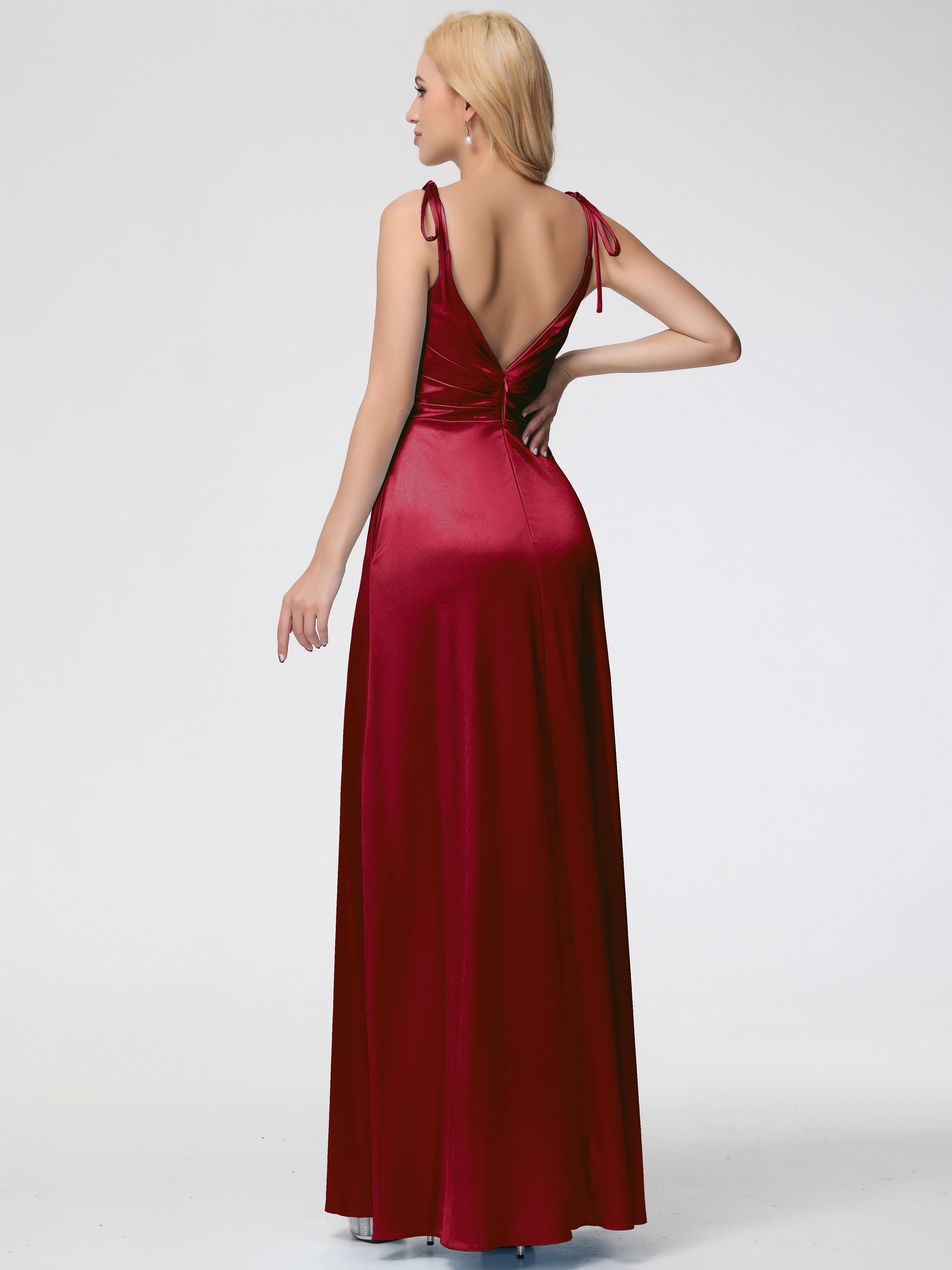 Stretch Satin Burgundy Formal Dresses Spaghetti Straps V-Neck Ruched Floor Length Stretch Satin Formal Dress With Slit