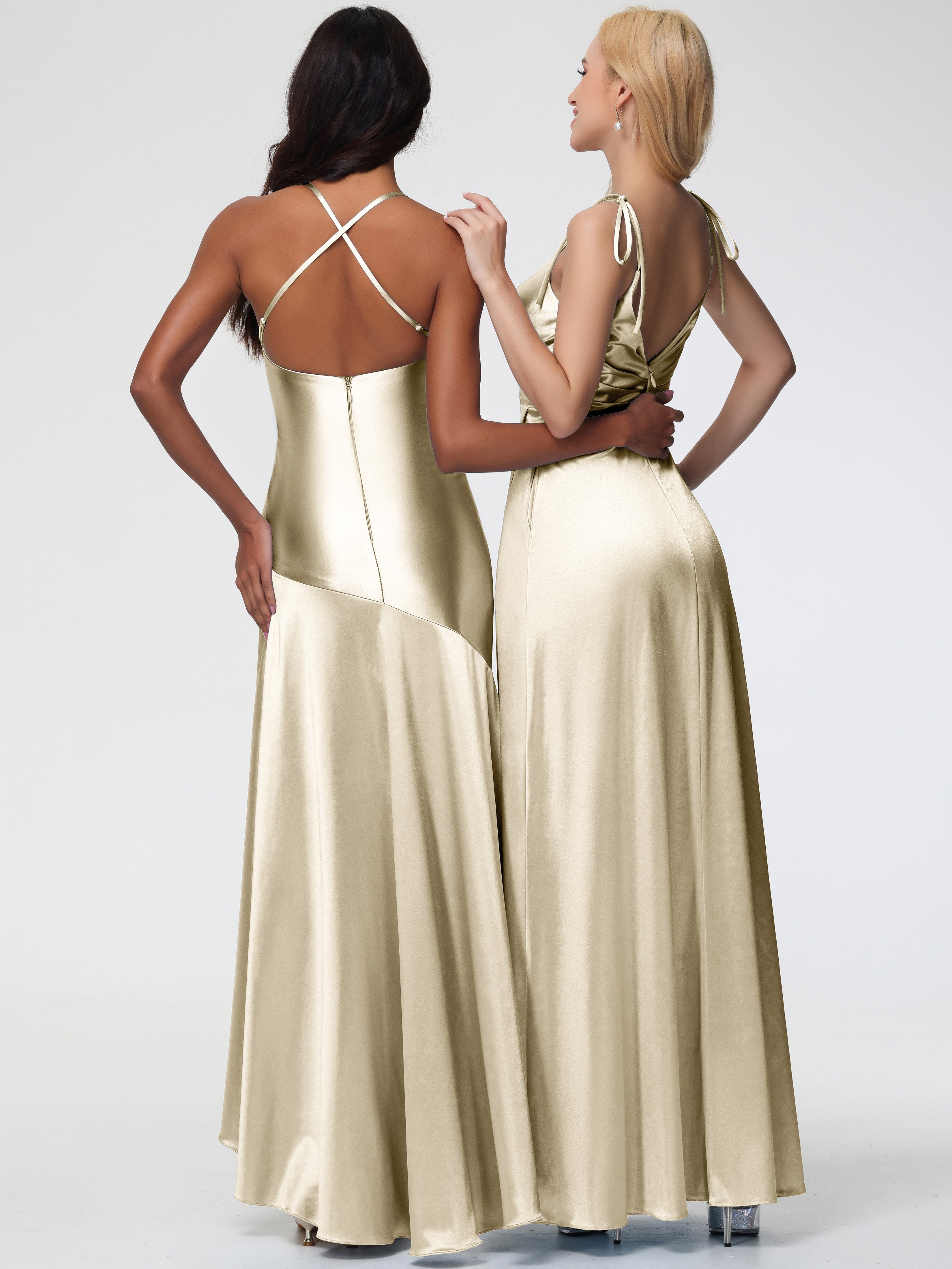 Champagne Formal Dress Spaghetti Straps V-Neck Ruched Floor Length Stretch Satin Formal Dress With Slit