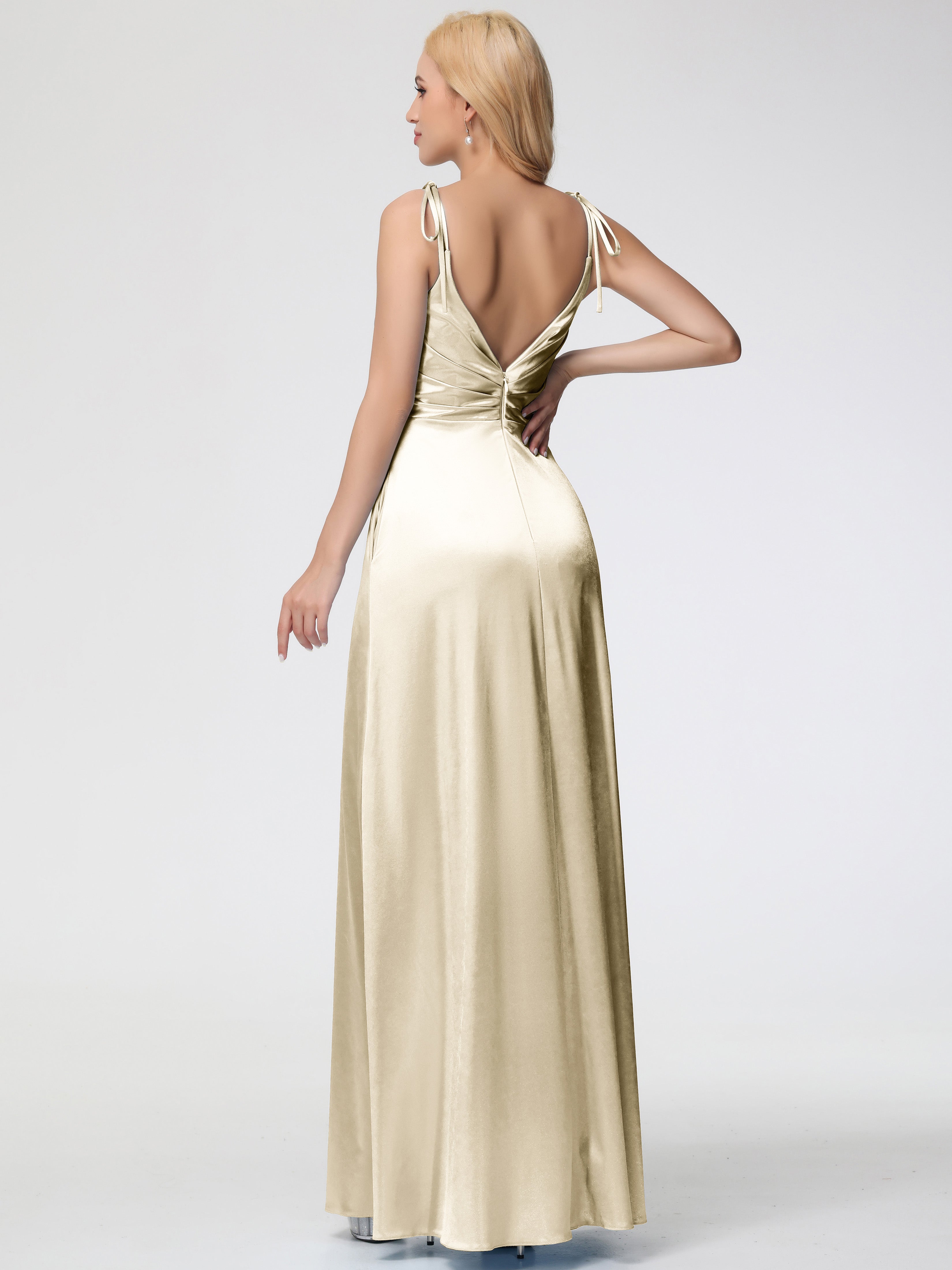 Champagne Formal Dress Spaghetti Straps V-Neck Ruched Floor Length Stretch Satin Formal Dress With Slit