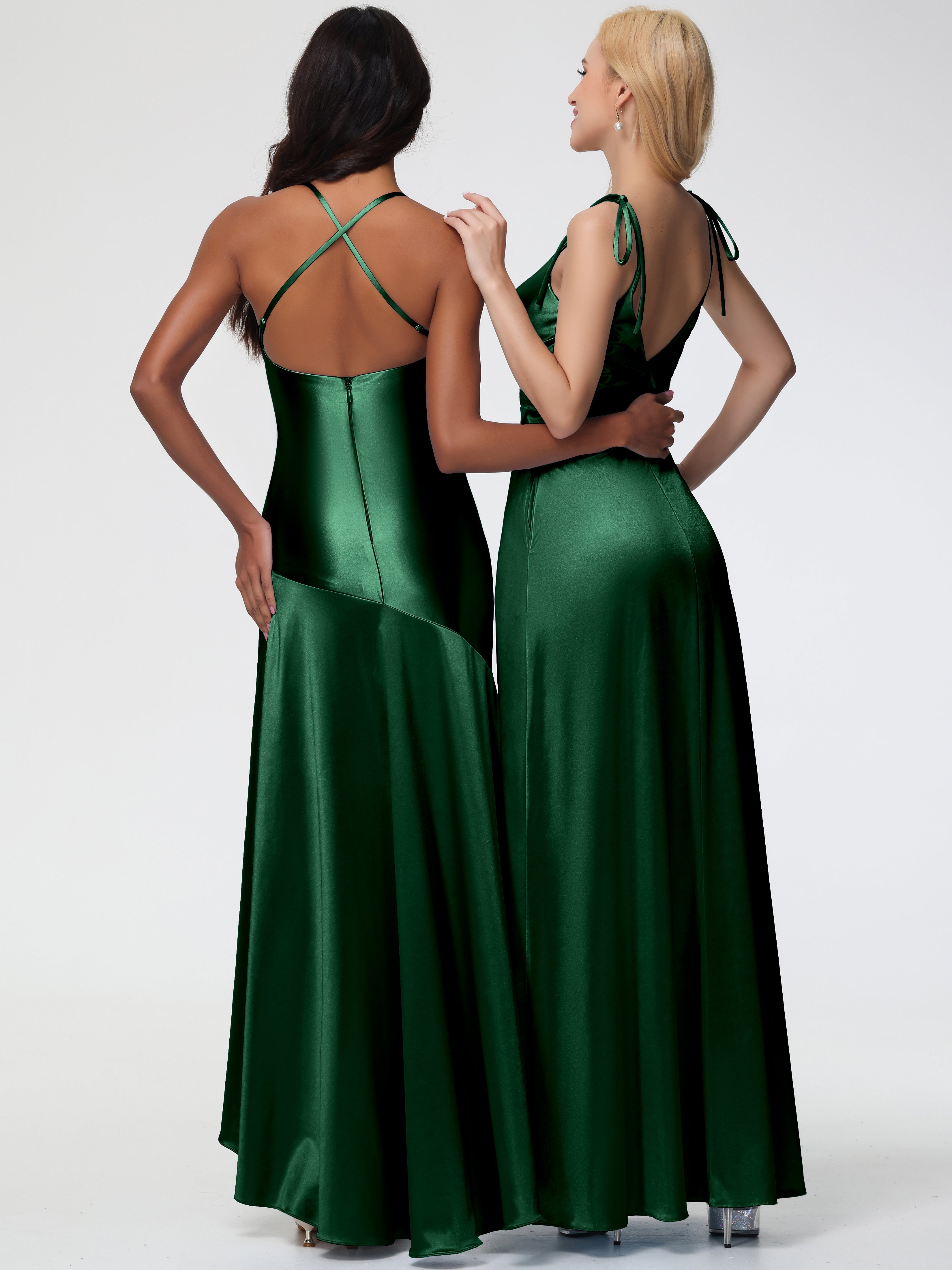 Dark Green Silk Formal Dress Spaghetti Straps V-Neck Ruched Floor Length Stretch Satin Formal Dress With Slit