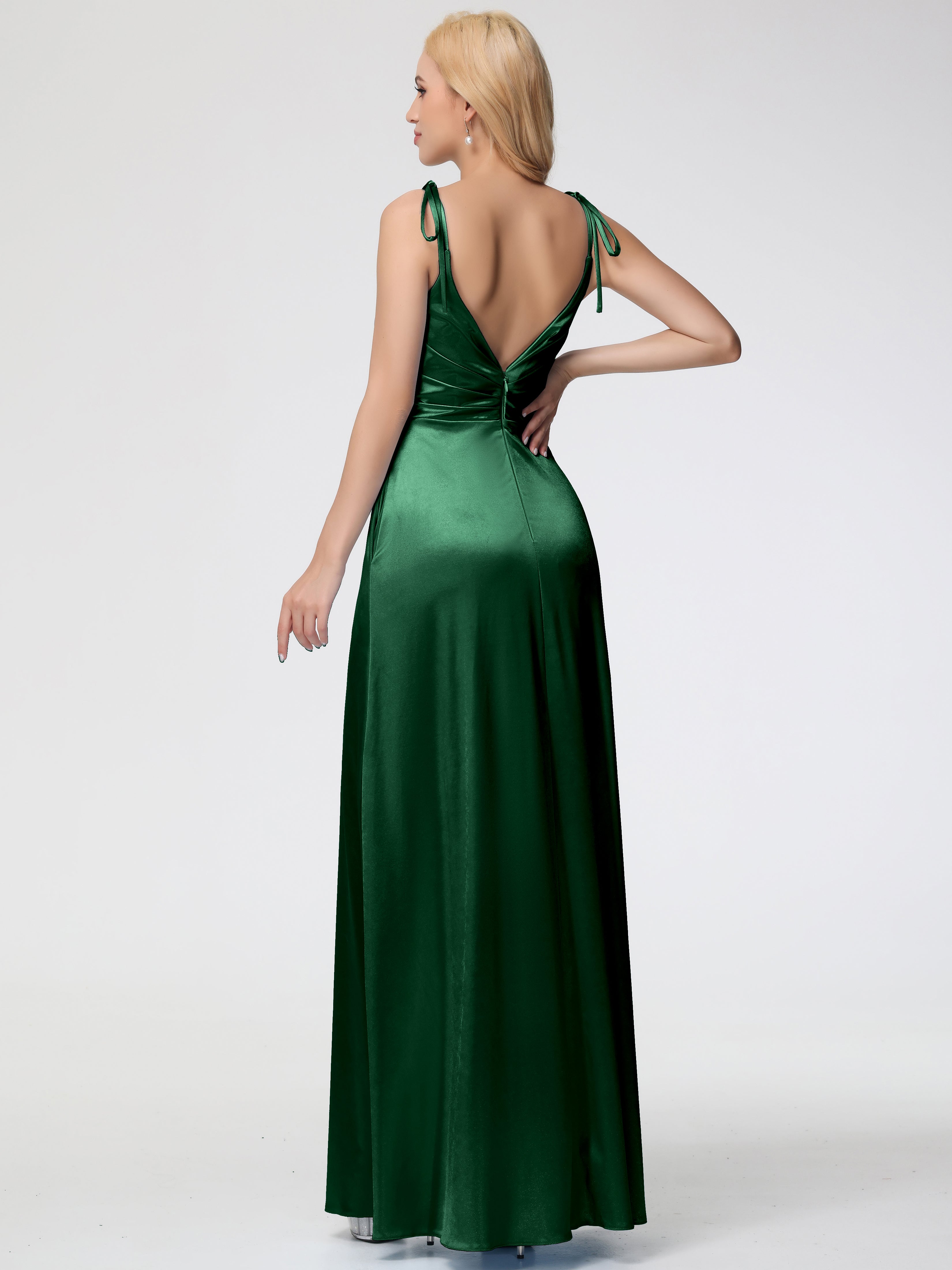 Dark Green Silk Formal Dress Spaghetti Straps V-Neck Ruched Floor Length Stretch Satin Formal Dress With Slit