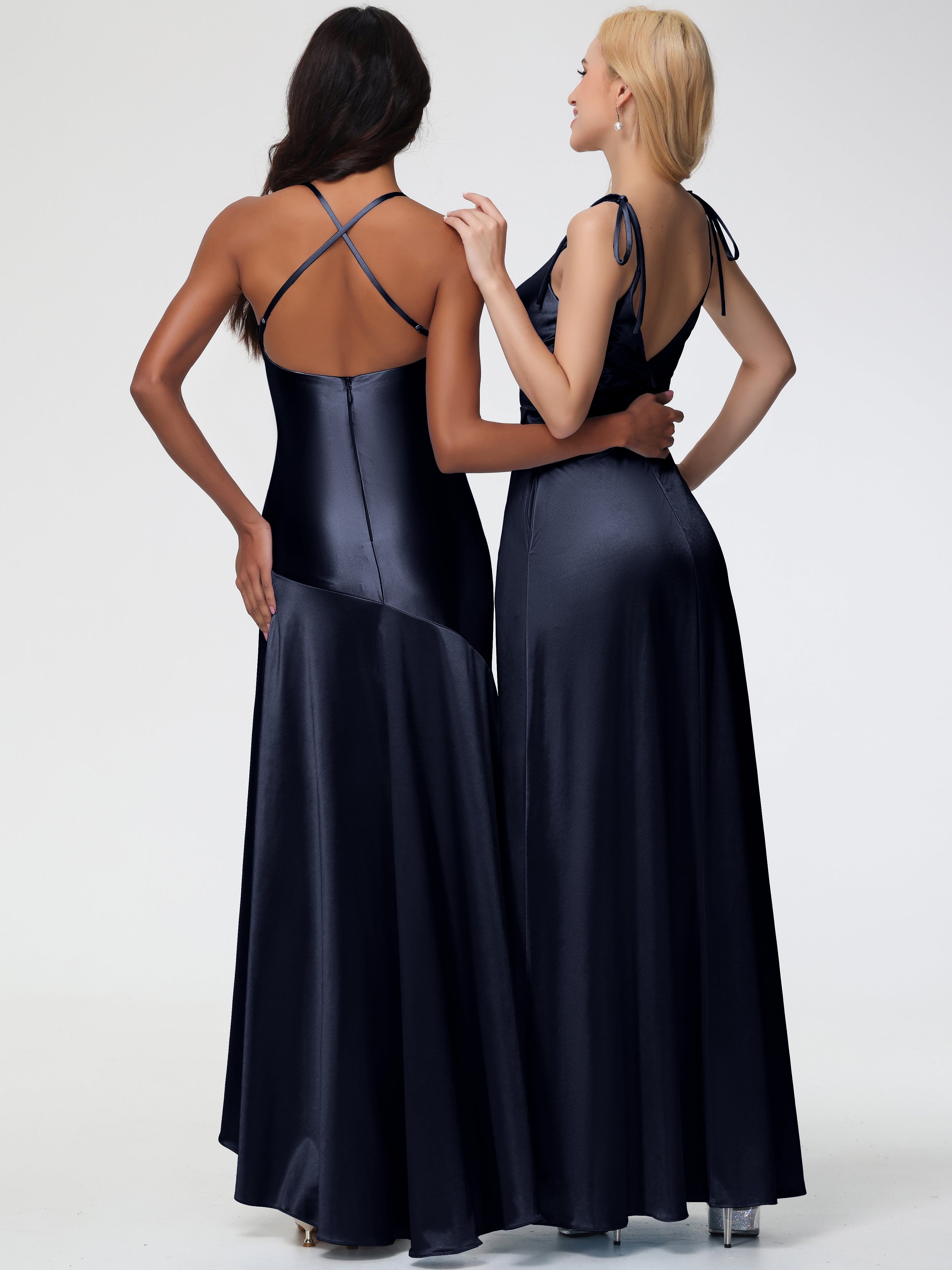 Dark Navy Formal Dress Spaghetti Straps V-Neck Ruched Floor Length Stretch Satin Formal Dress With Slit