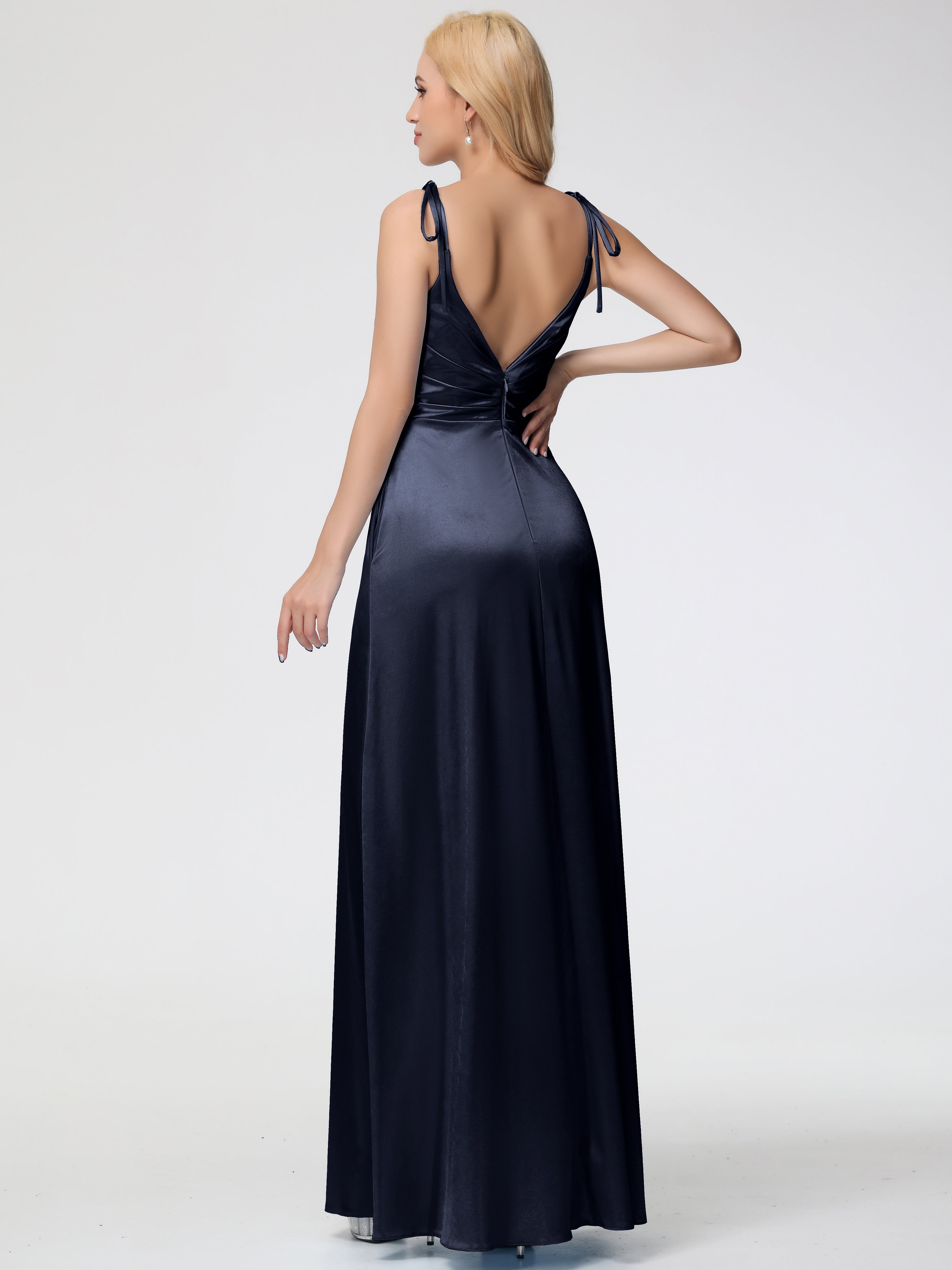 Dark Navy Formal Dress Spaghetti Straps V-Neck Ruched Floor Length Stretch Satin Formal Dress With Slit