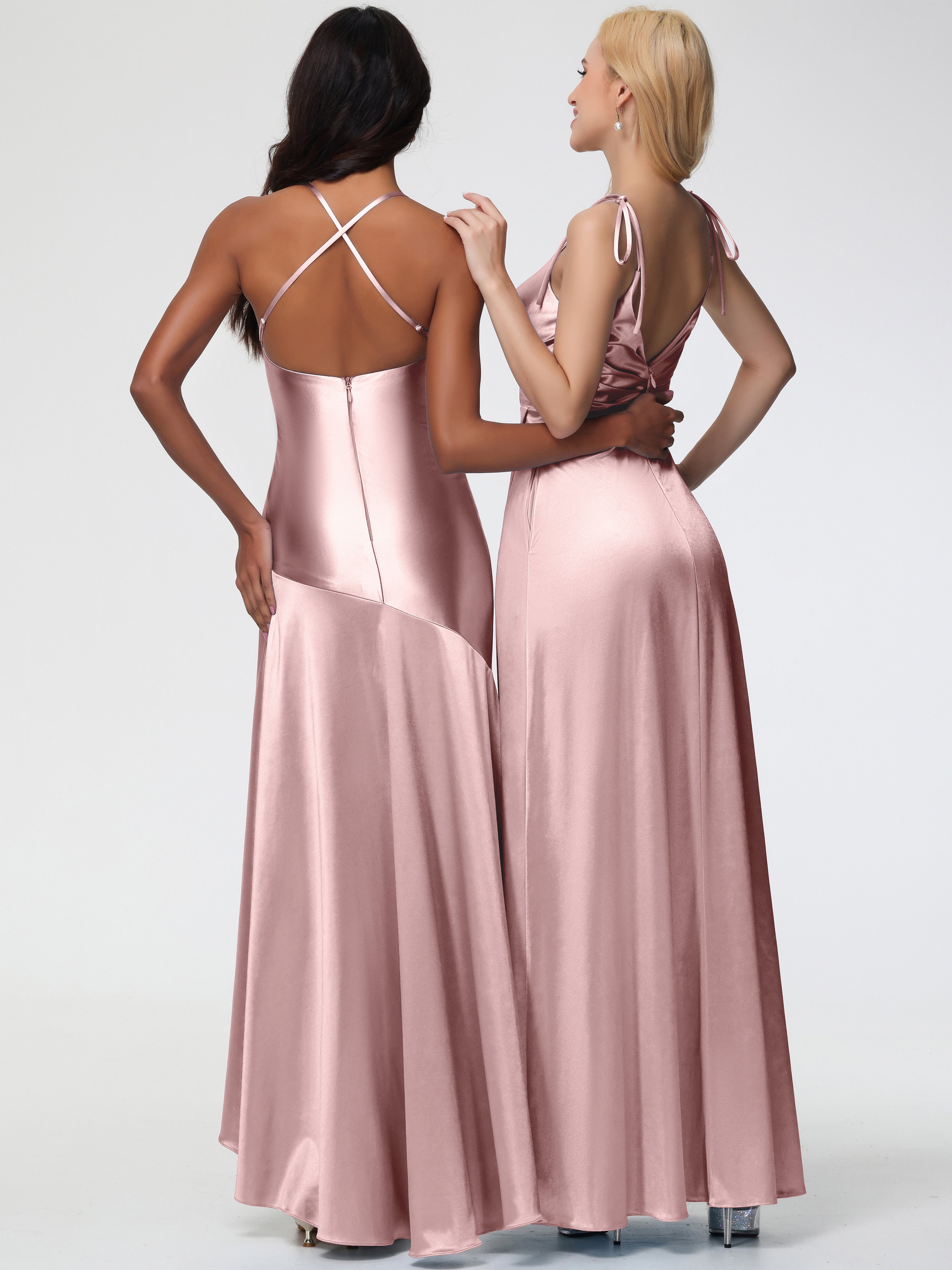 Formal Dresses Dusty Rose Spaghetti Straps V-Neck Ruched Floor Length Stretch Satin Formal Dress With Slit