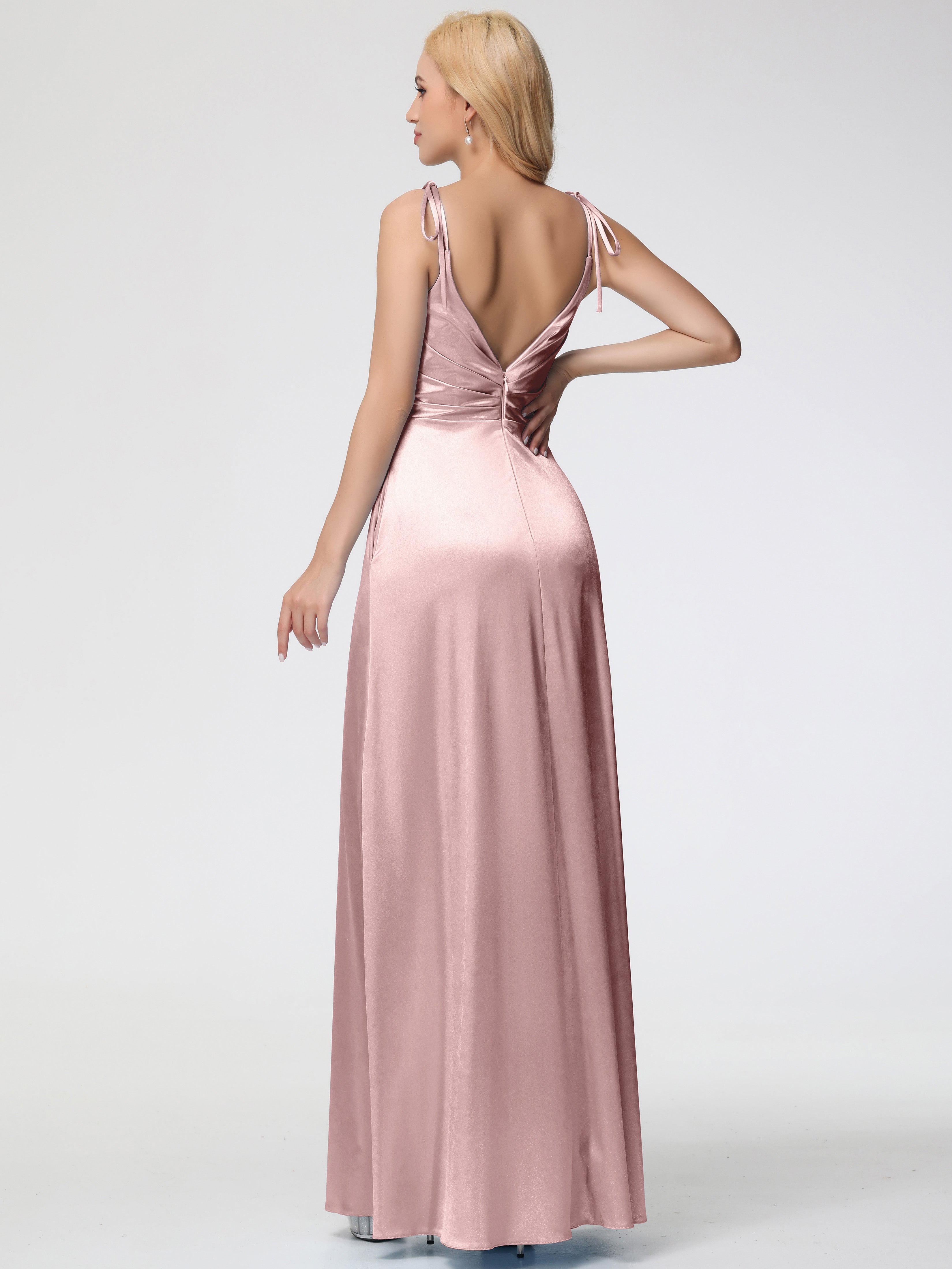 Formal Dresses Dusty Rose Spaghetti Straps V-Neck Ruched Floor Length Stretch Satin Formal Dress With Slit