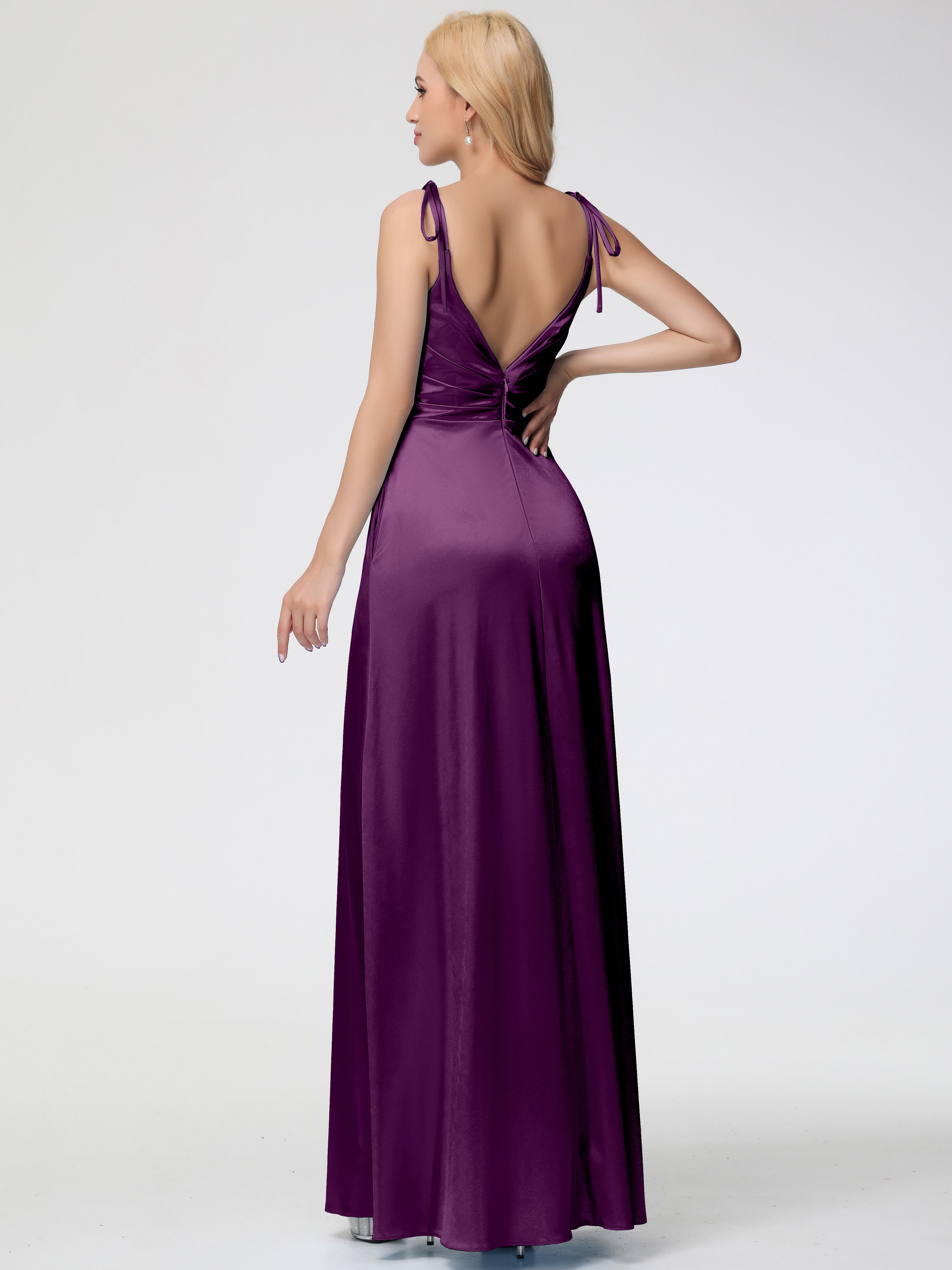 Long Grape Formal Dresses Spaghetti Straps V-Neck Ruched Floor Length Stretch Satin Formal Dress With Slit