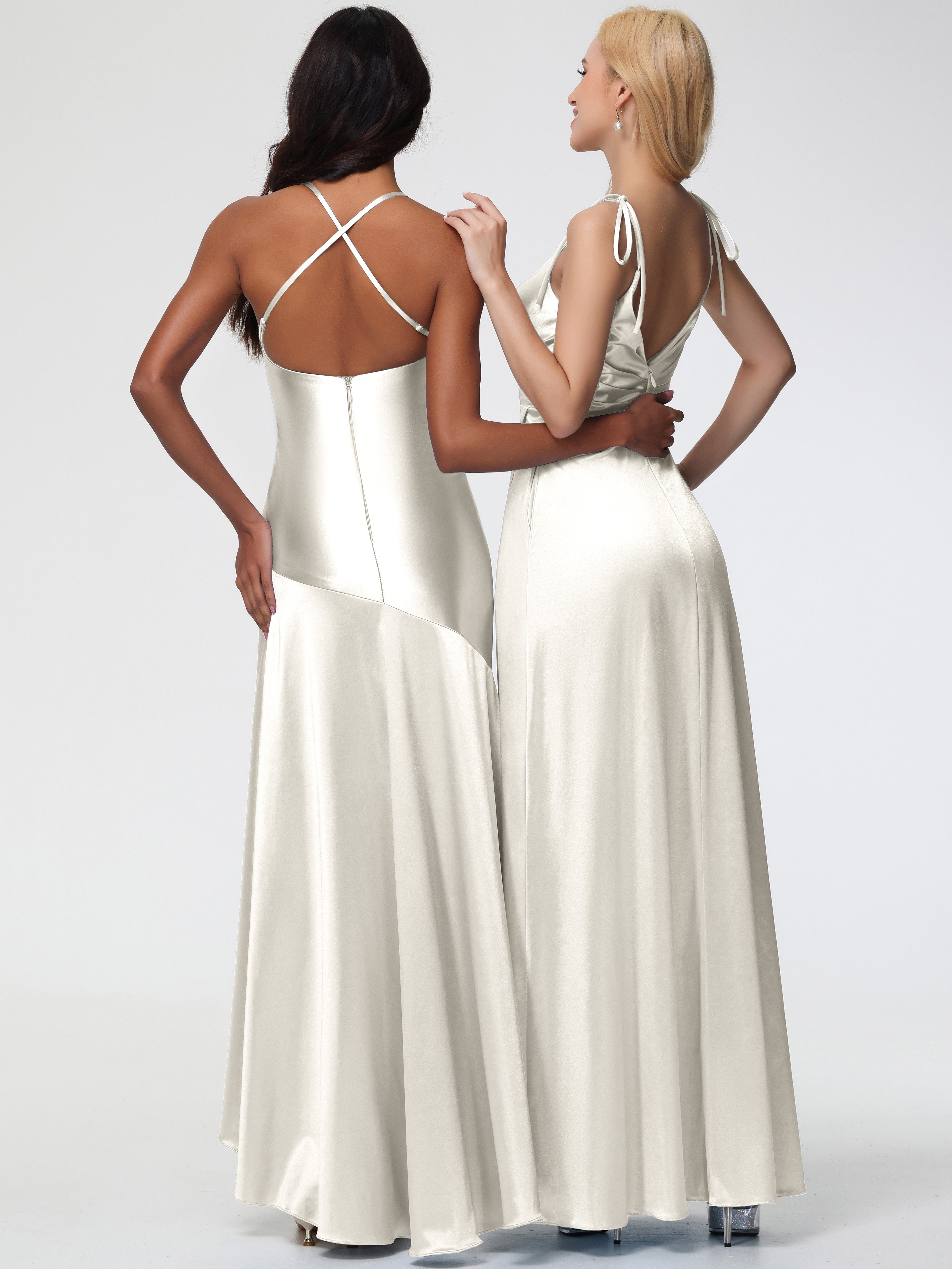 Stretch Satin Ivory Formal Dresses Spaghetti Straps V-Neck Ruched Floor Length Stretch Satin Formal Dress With Slit