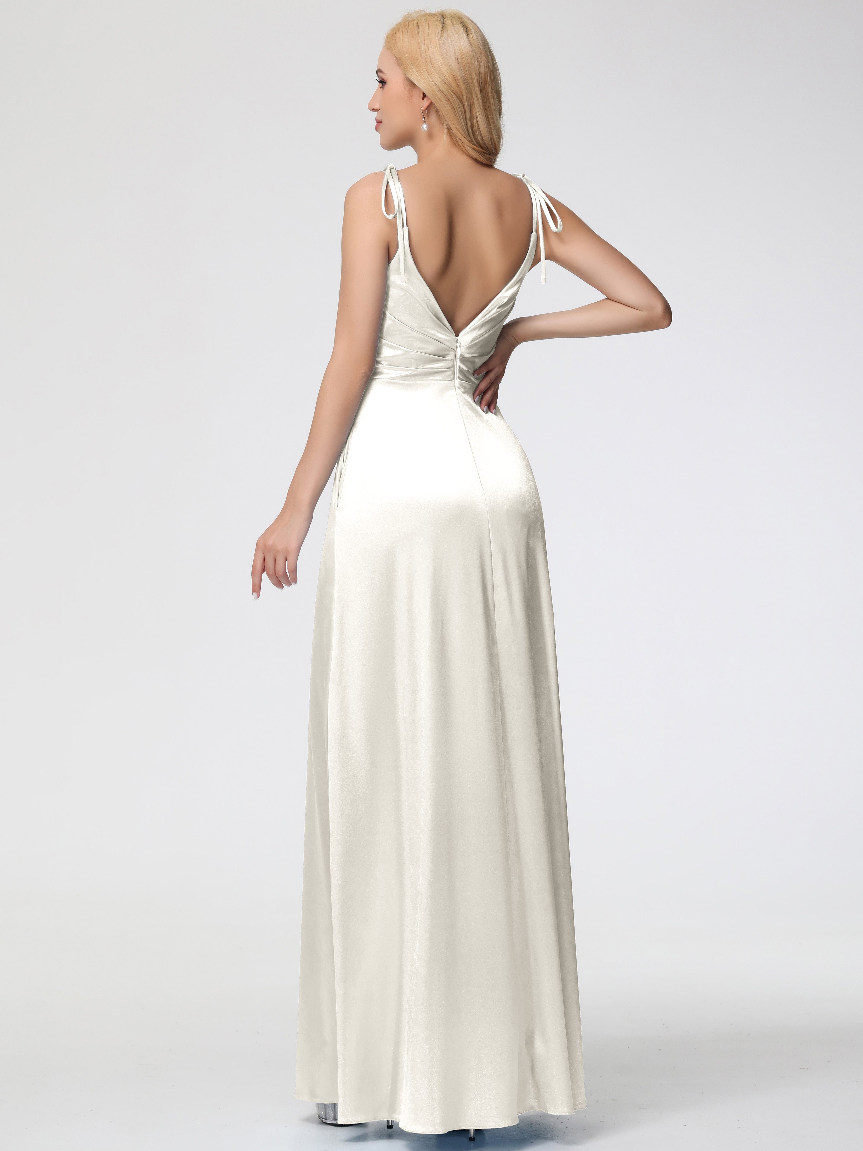 Stretch Satin Ivory Formal Dresses Spaghetti Straps V-Neck Ruched Floor Length Stretch Satin Formal Dress With Slit