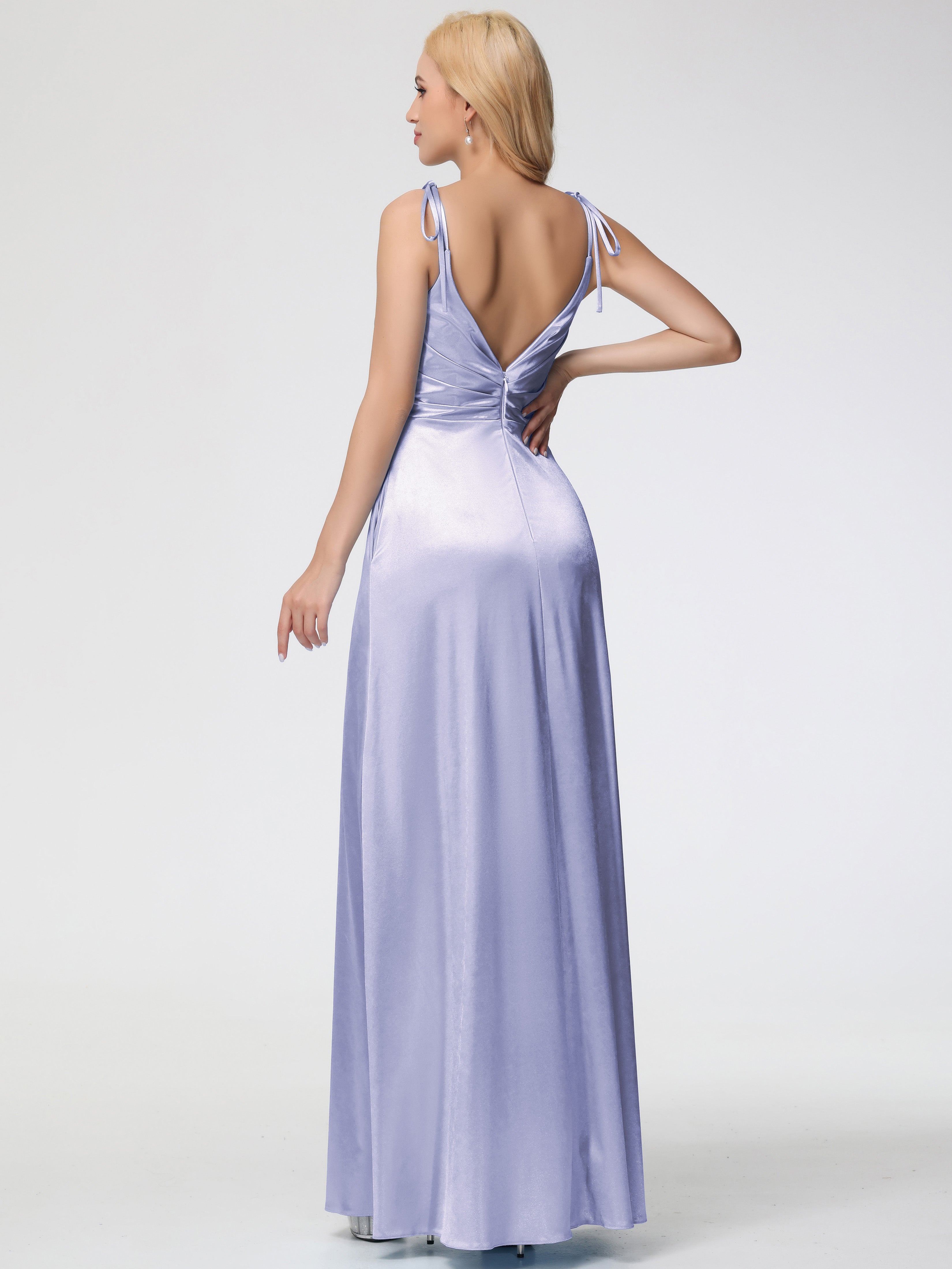 Lavender Formal Dresses Silk Spaghetti Straps V-Neck Ruched Floor Length Stretch Satin Formal Dress With Slit