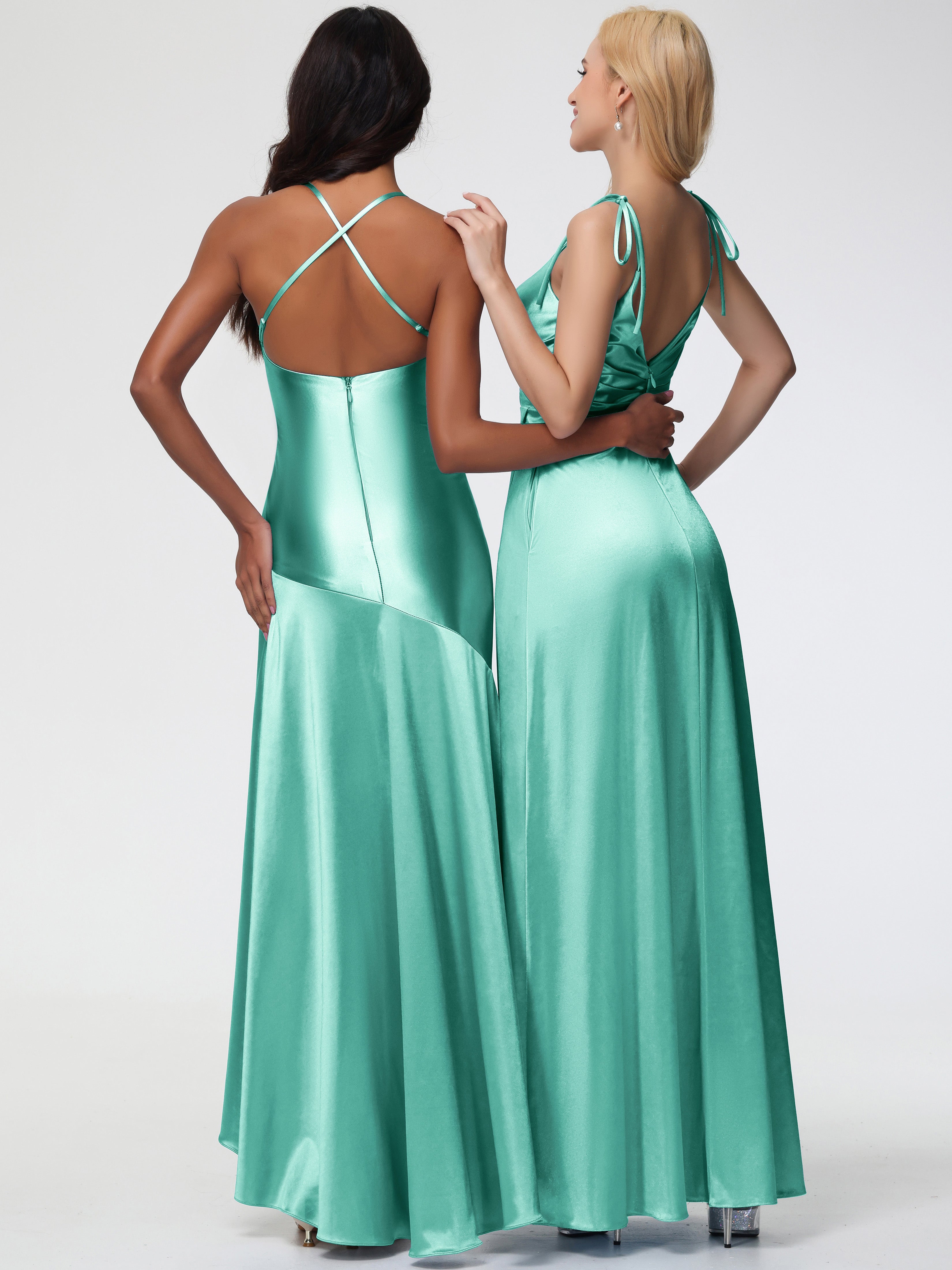 Mint Green Formal Dress Spaghetti Straps V-Neck Ruched Floor Length Stretch Satin Formal Dress With Slit