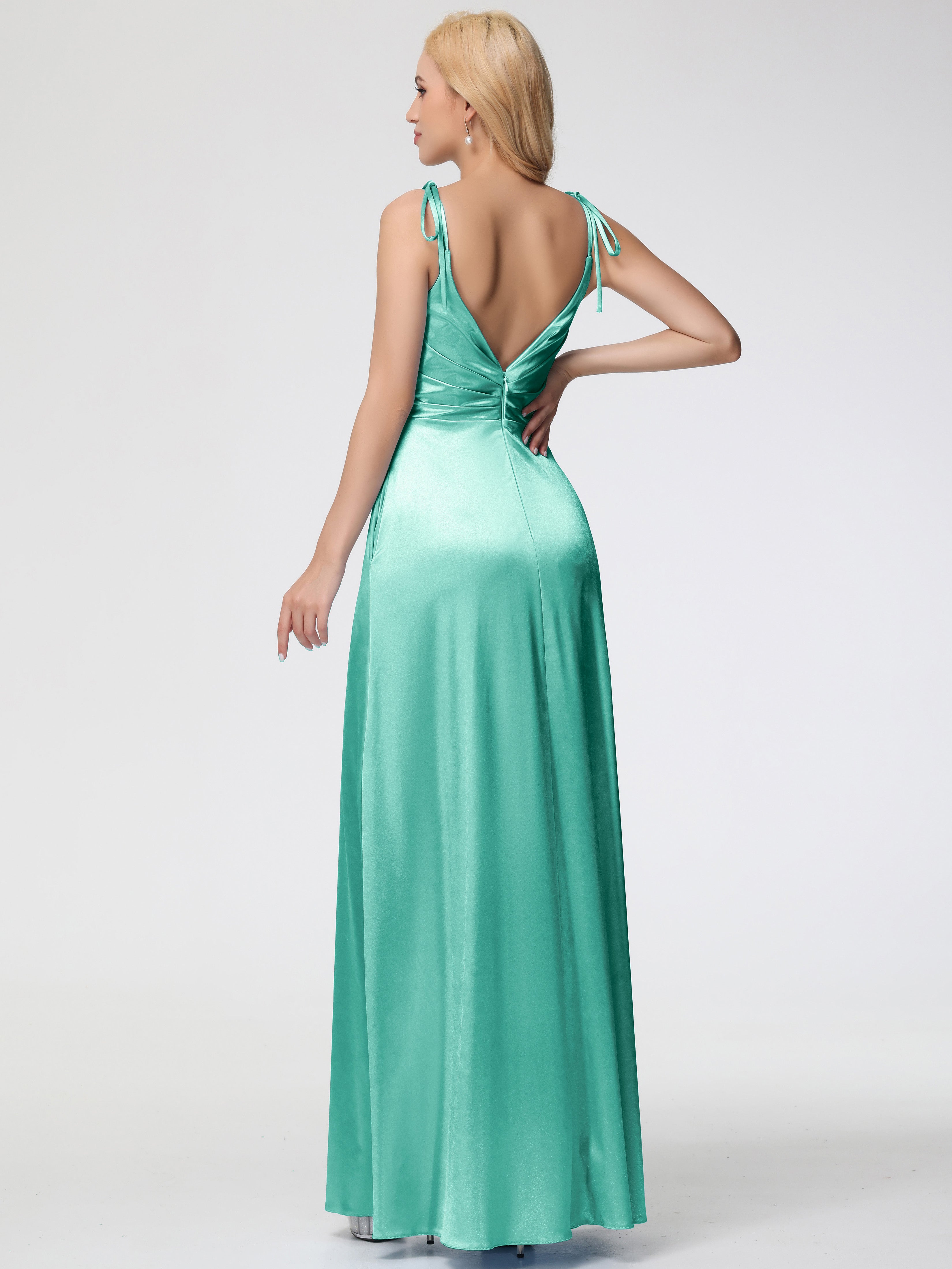 Mint Green Formal Dress Spaghetti Straps V-Neck Ruched Floor Length Stretch Satin Formal Dress With Slit