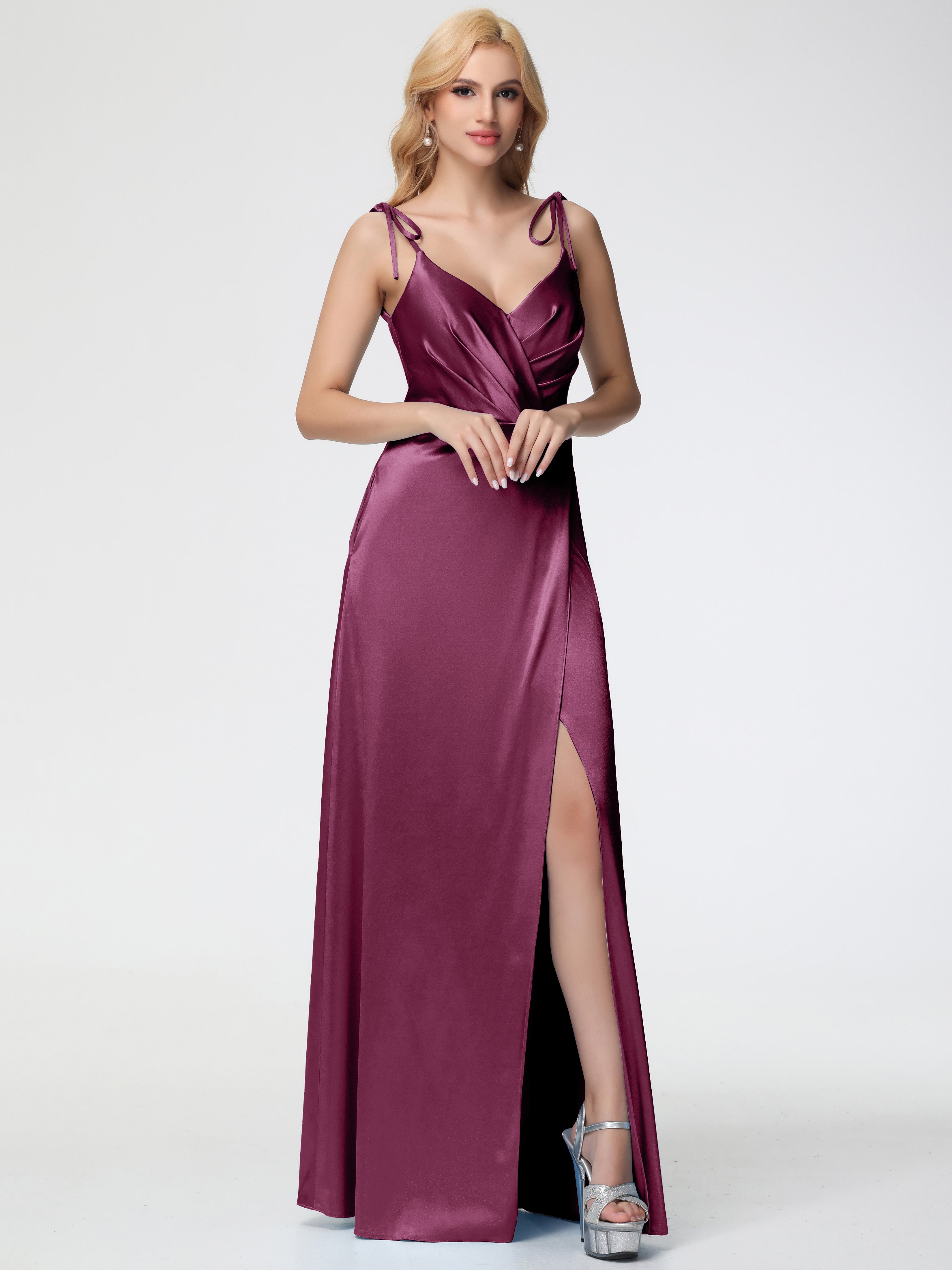 Mulberry Colour Formal Dresses Spaghetti Straps V-Neck Ruched Floor Length Stretch Satin Formal Dress With Slit