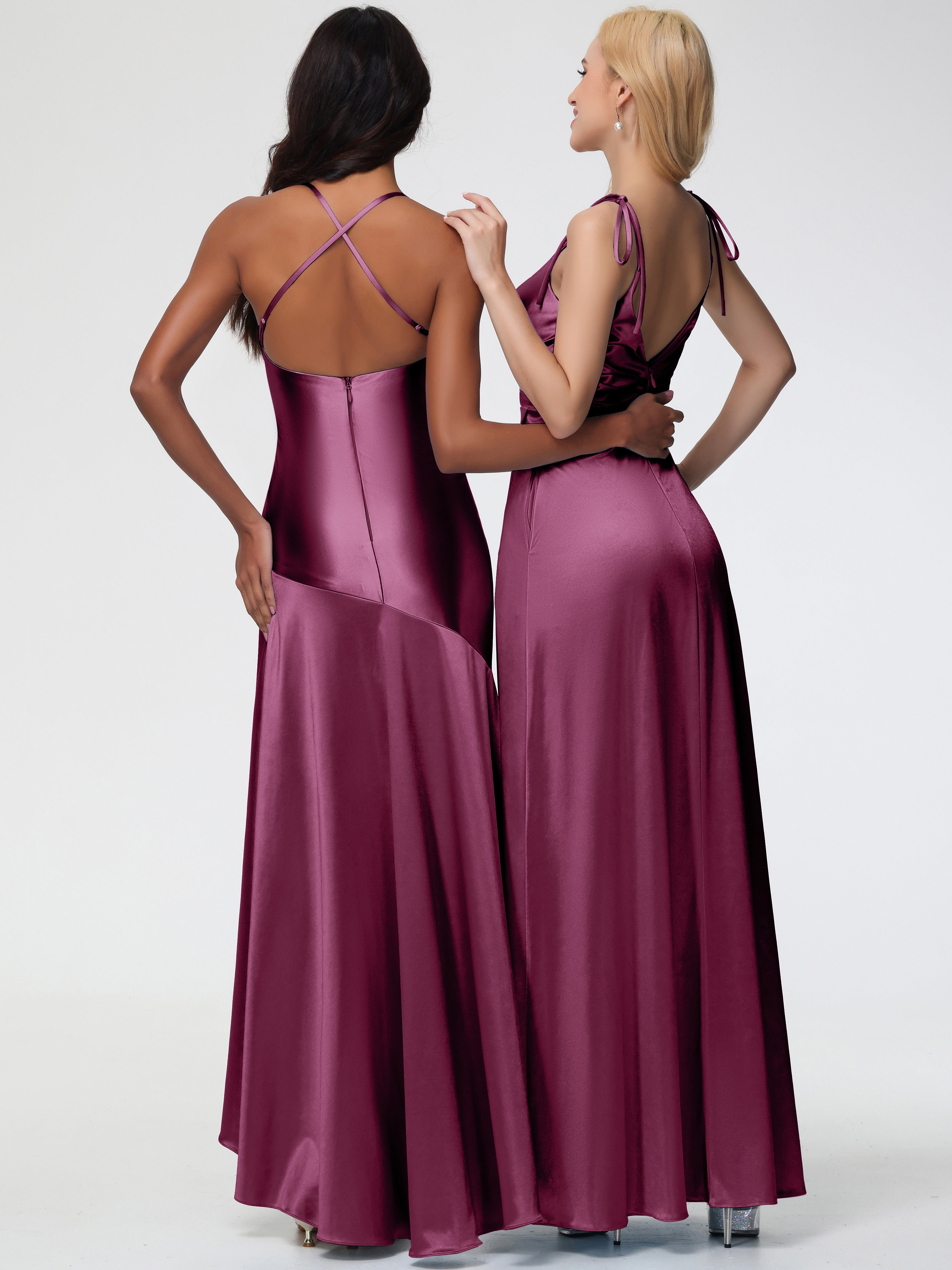 Mulberry Colour Formal Dresses Spaghetti Straps V-Neck Ruched Floor Length Stretch Satin Formal Dress With Slit