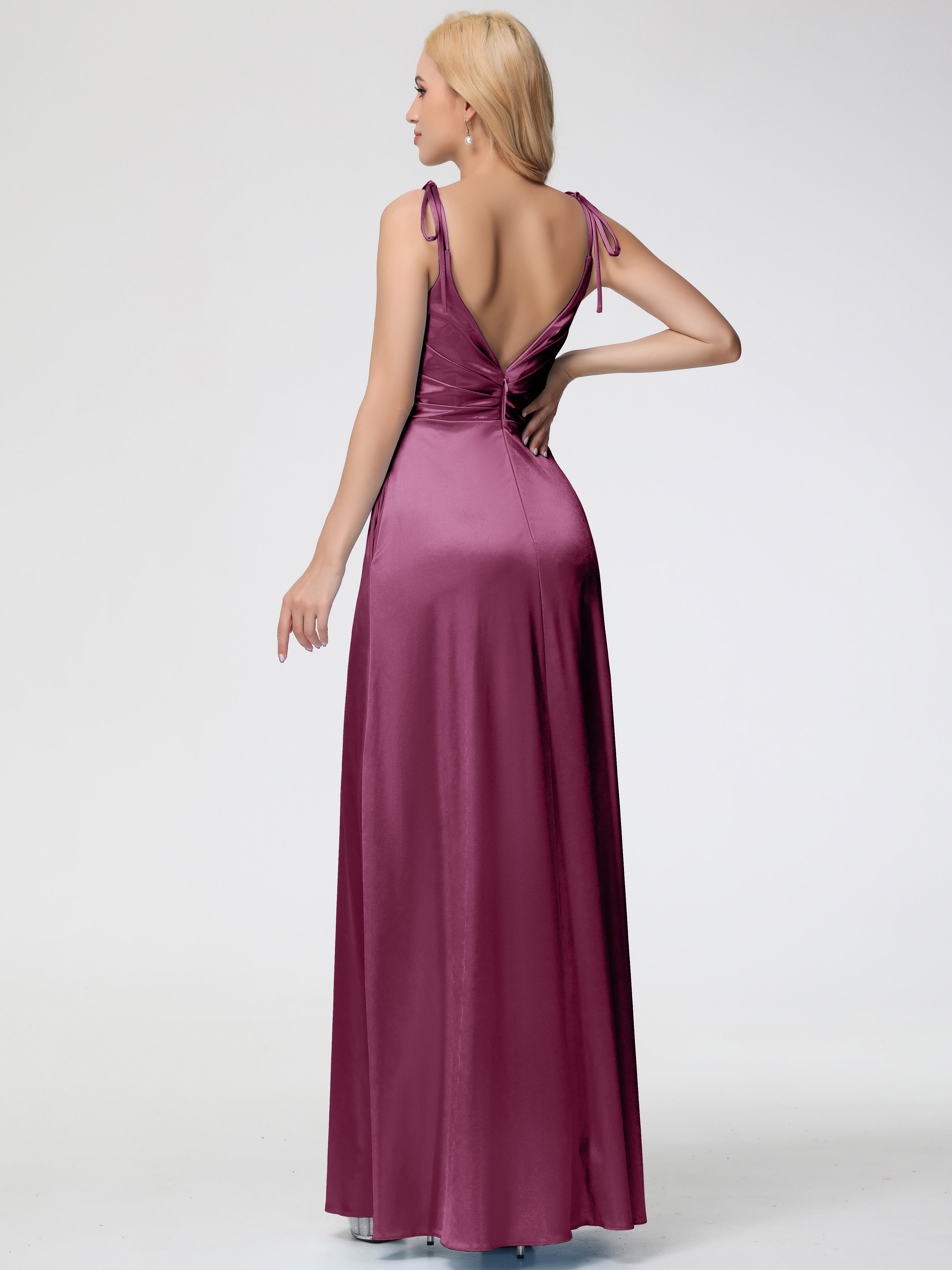 Mulberry Colour Formal Dresses Spaghetti Straps V-Neck Ruched Floor Length Stretch Satin Formal Dress With Slit