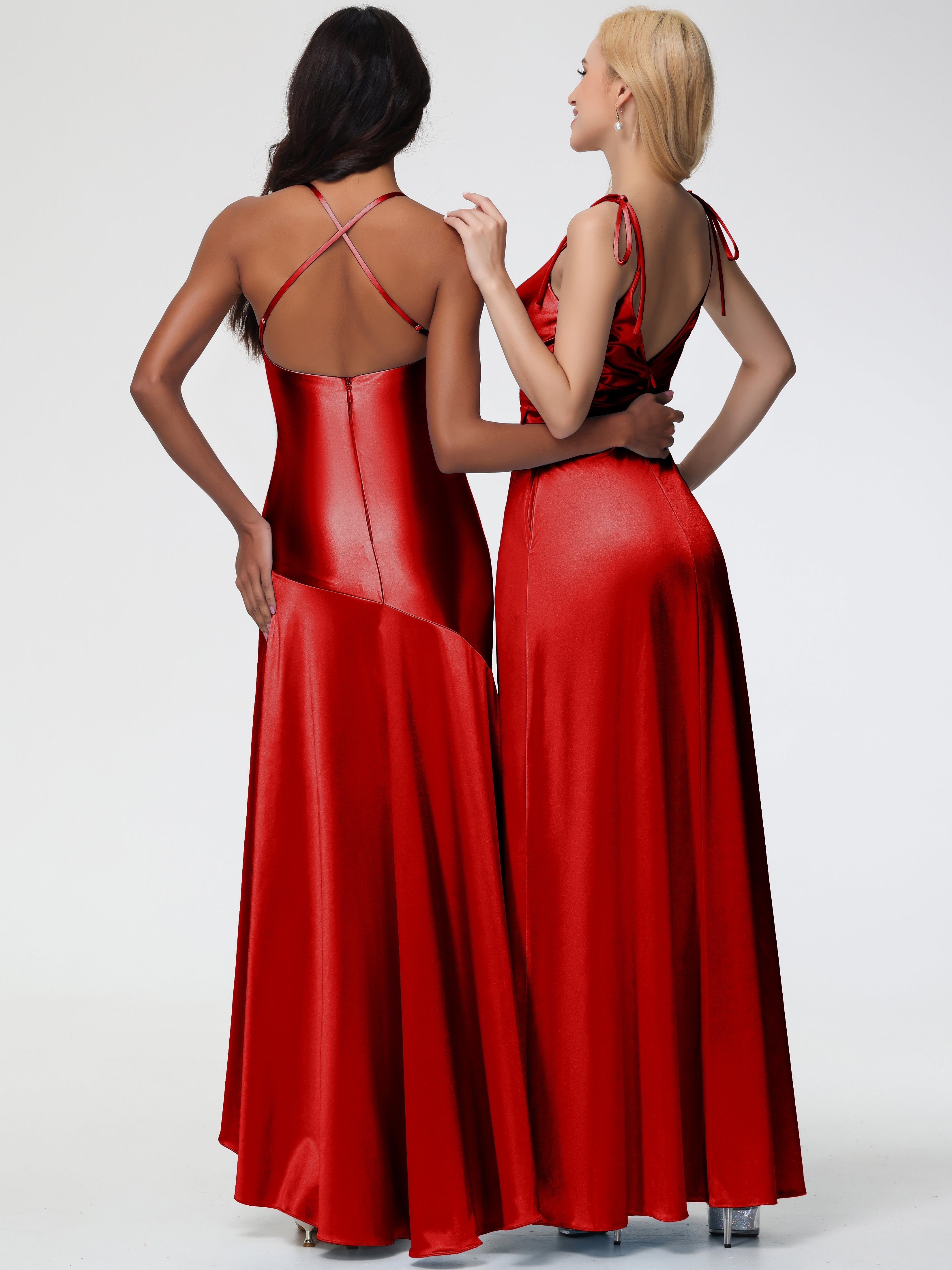Red Long Formal Dresses Spaghetti Straps V-Neck Ruched Floor Length Stretch Satin Formal Dress With Slit