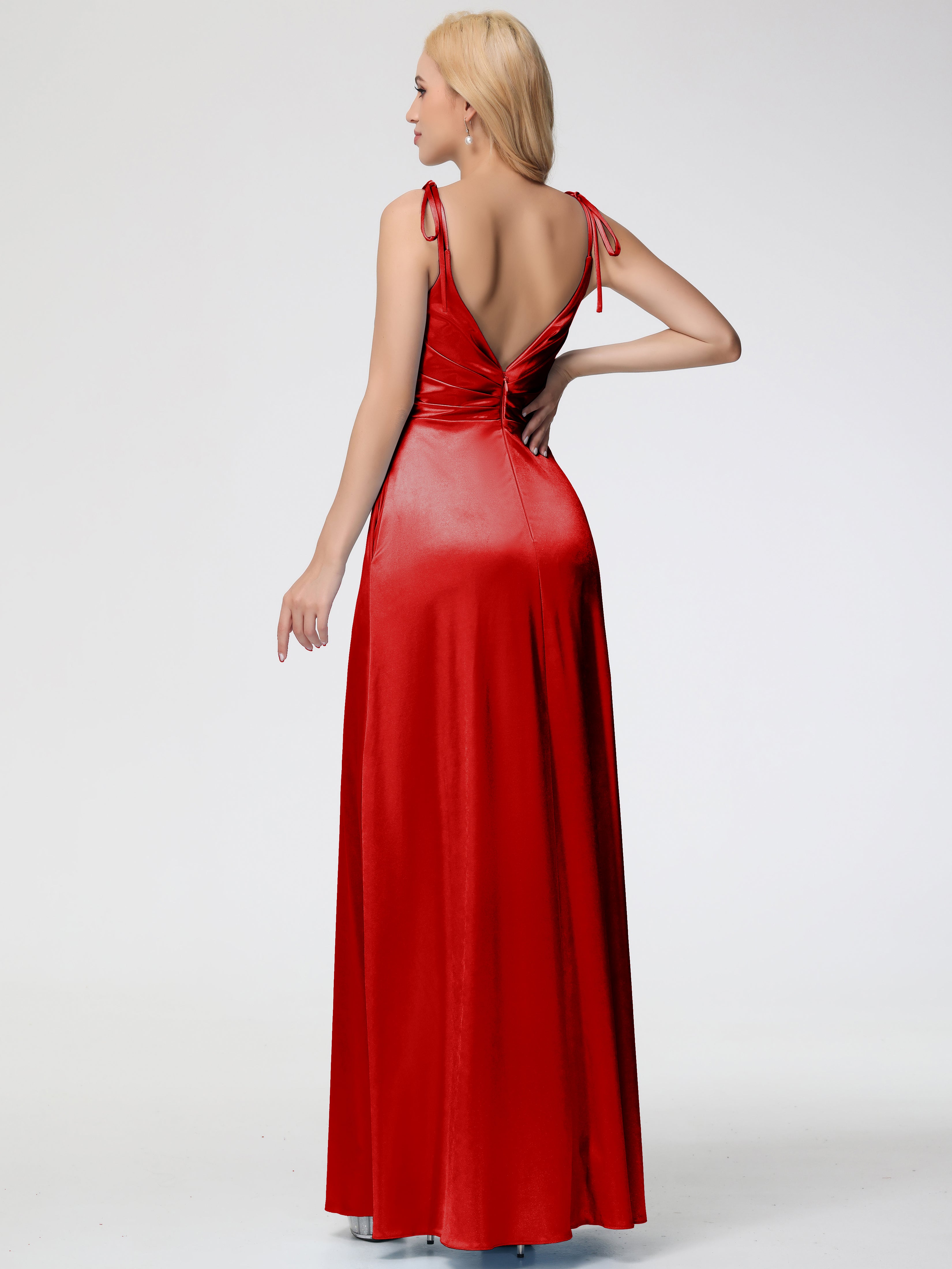 Red Long Formal Dresses Spaghetti Straps V-Neck Ruched Floor Length Stretch Satin Formal Dress With Slit