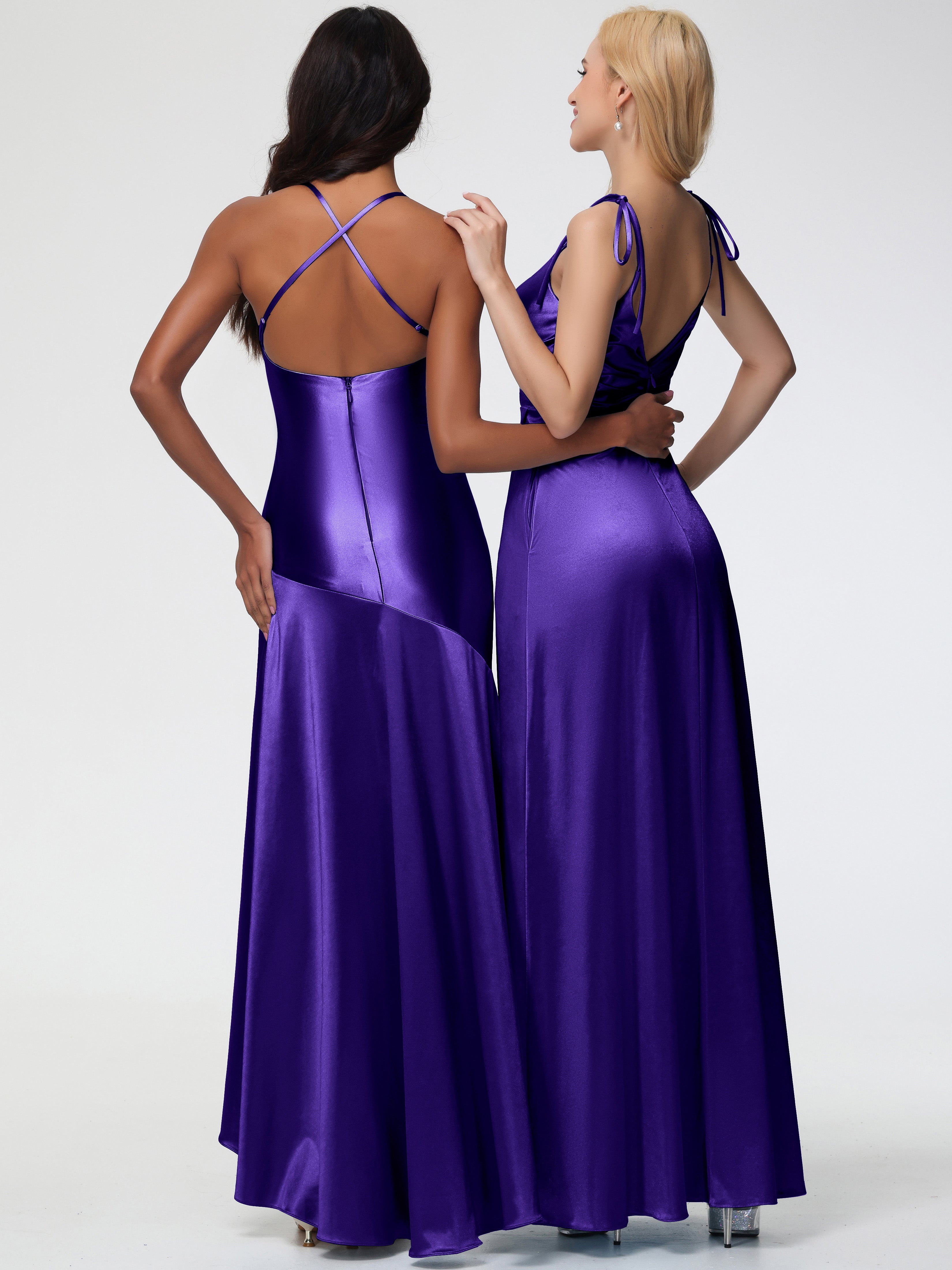 Regency Formal Dresses Spaghetti Straps V-Neck Ruched Floor Length Stretch Satin Formal Dress With Slit