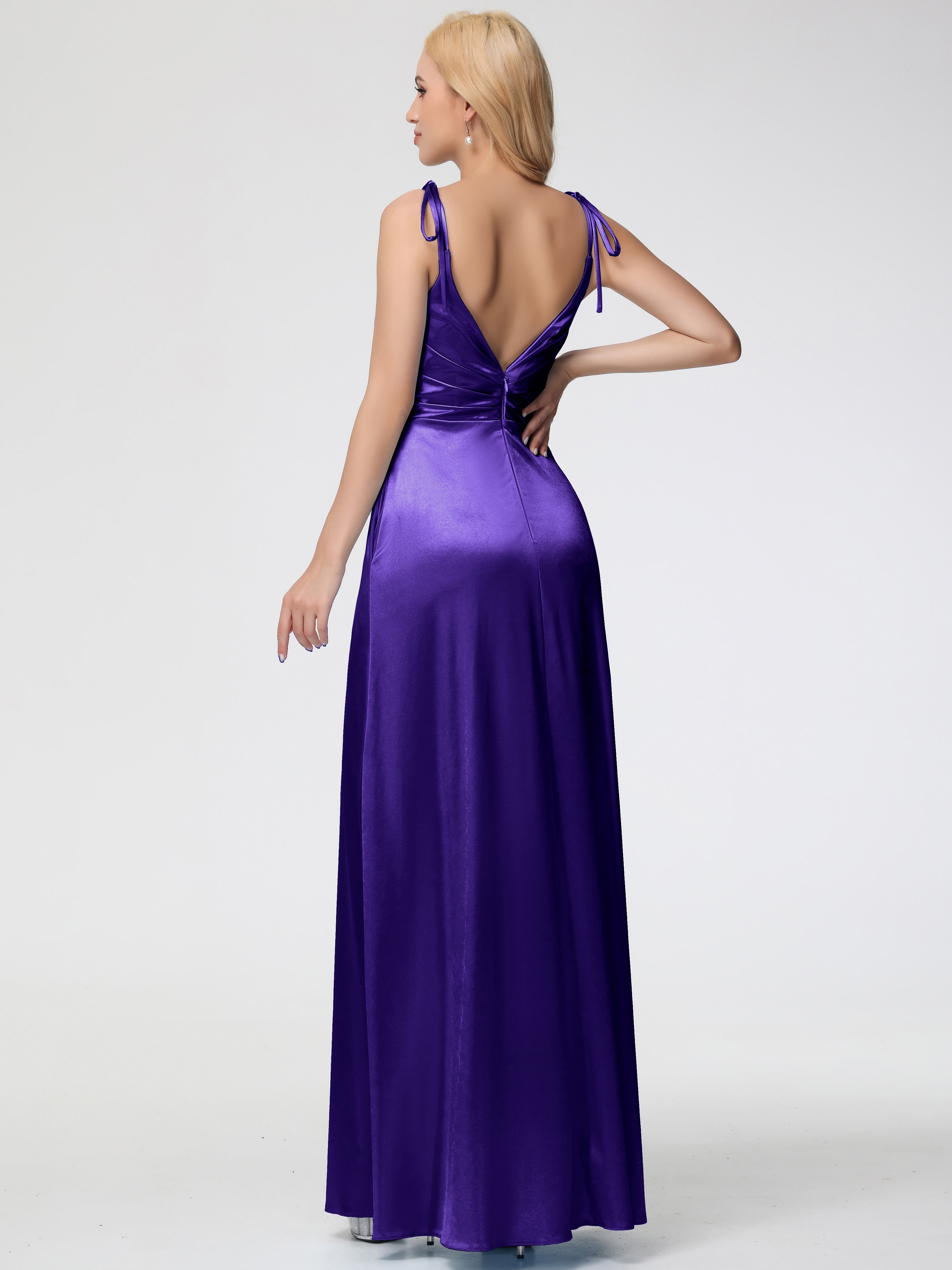 Regency Formal Dresses Spaghetti Straps V-Neck Ruched Floor Length Stretch Satin Formal Dress With Slit