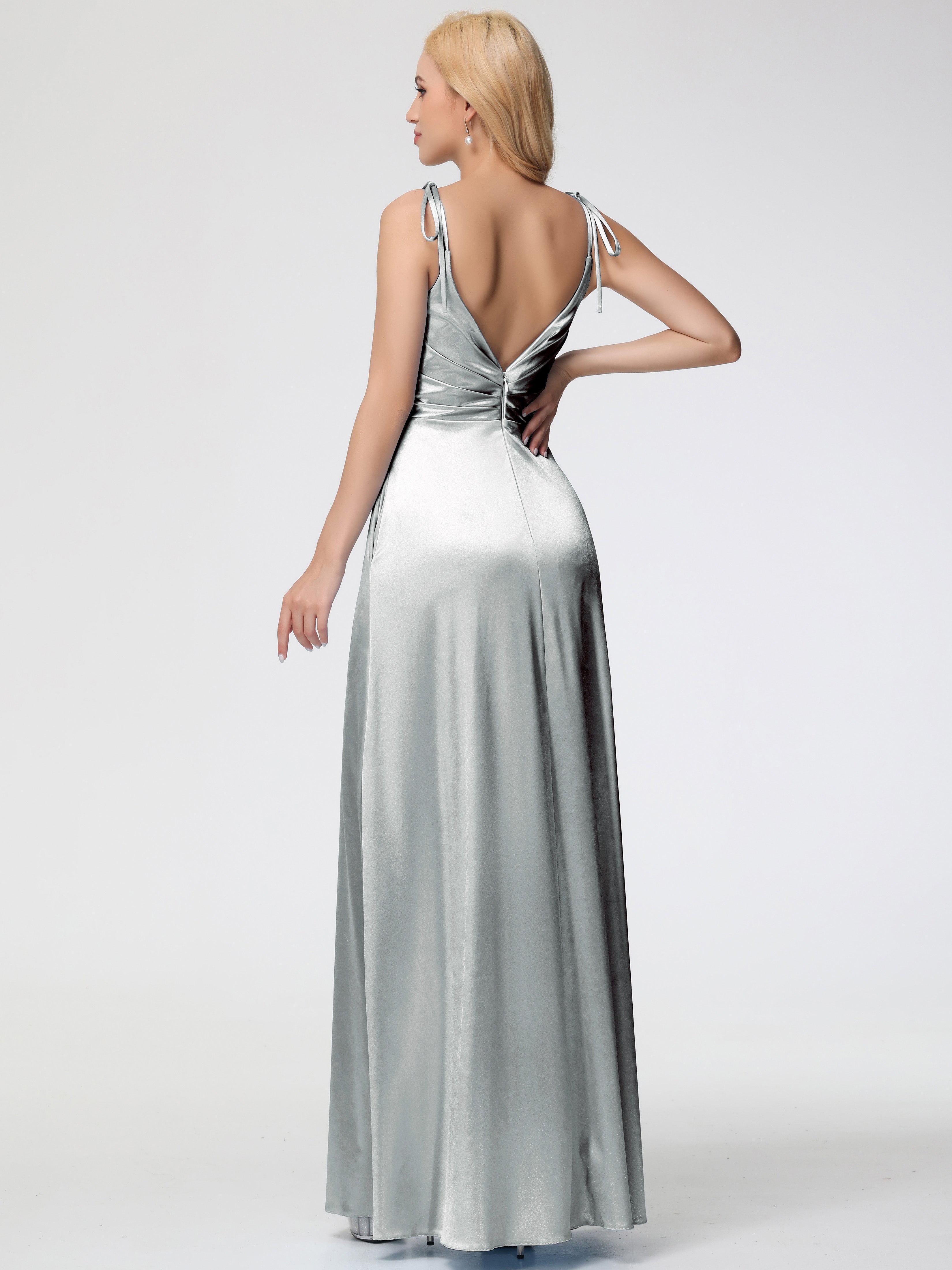 Silver Formal Dress Spaghetti Straps V-Neck Ruched Floor Length Stretch Satin Formal Dress With Slit