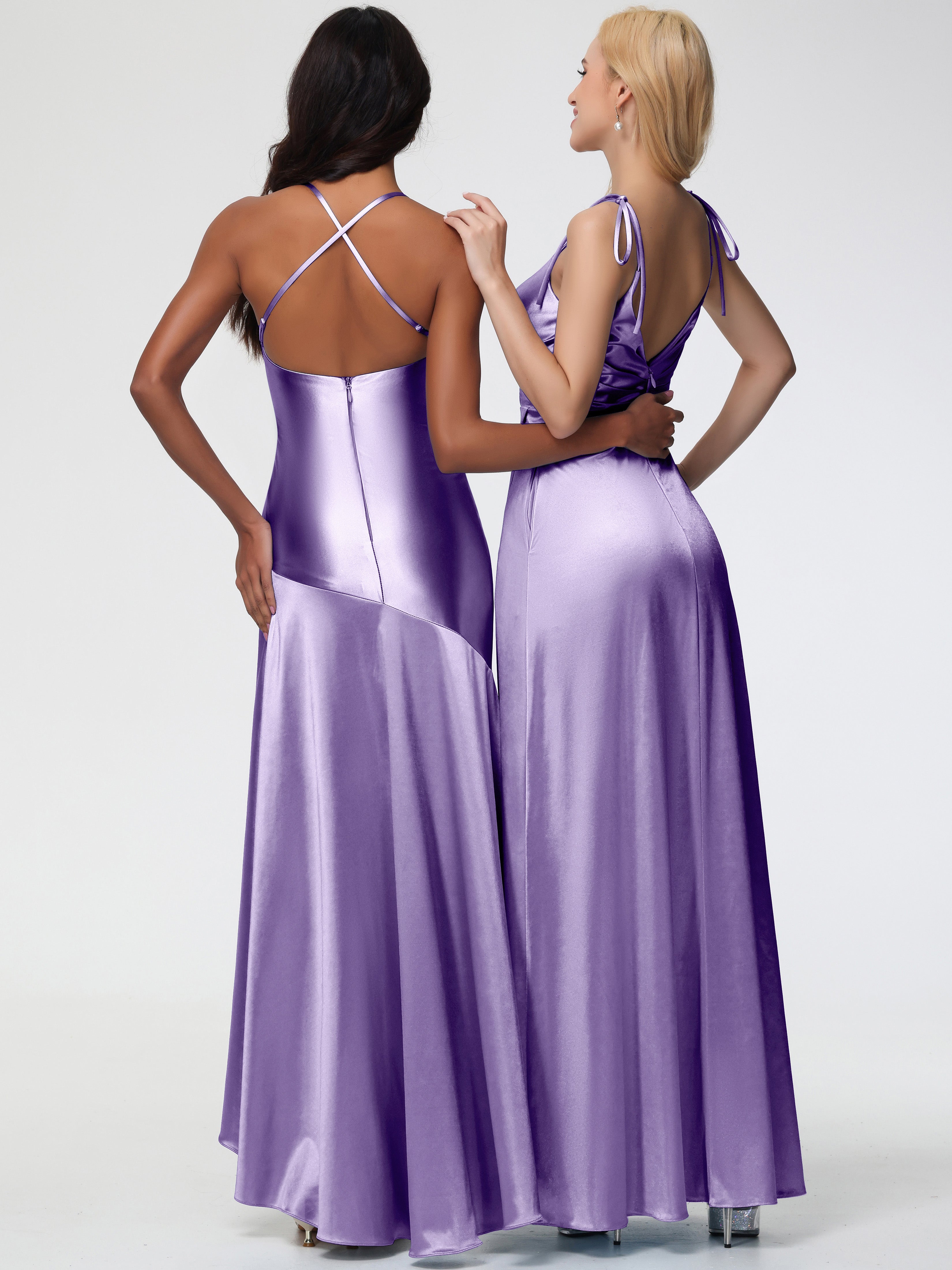 Tahiti Formal Dresses Spaghetti Straps V-Neck Ruched Floor Length Stretch Satin Formal Dress With Slit