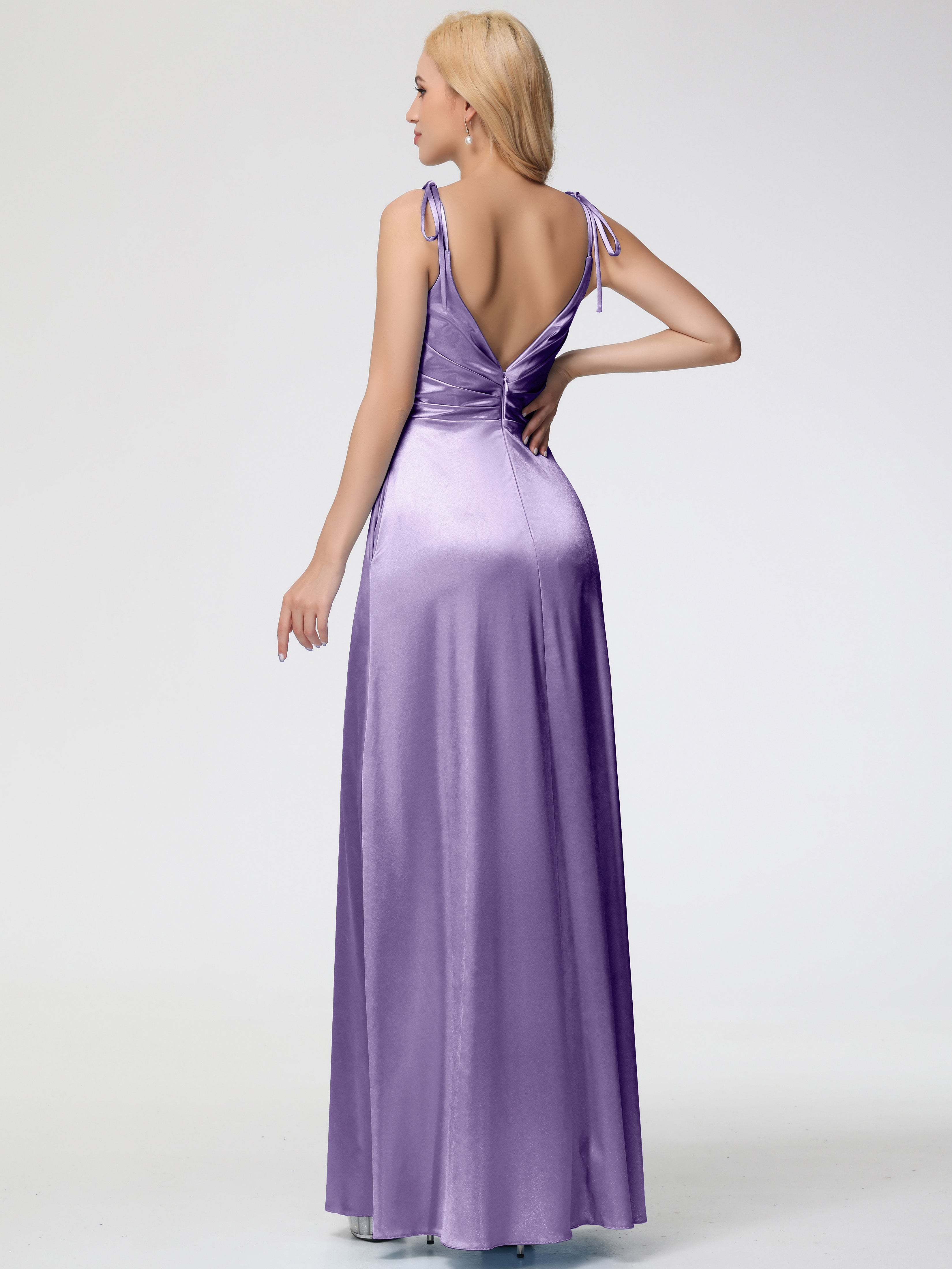 Tahiti Formal Dresses Spaghetti Straps V-Neck Ruched Floor Length Stretch Satin Formal Dress With Slit