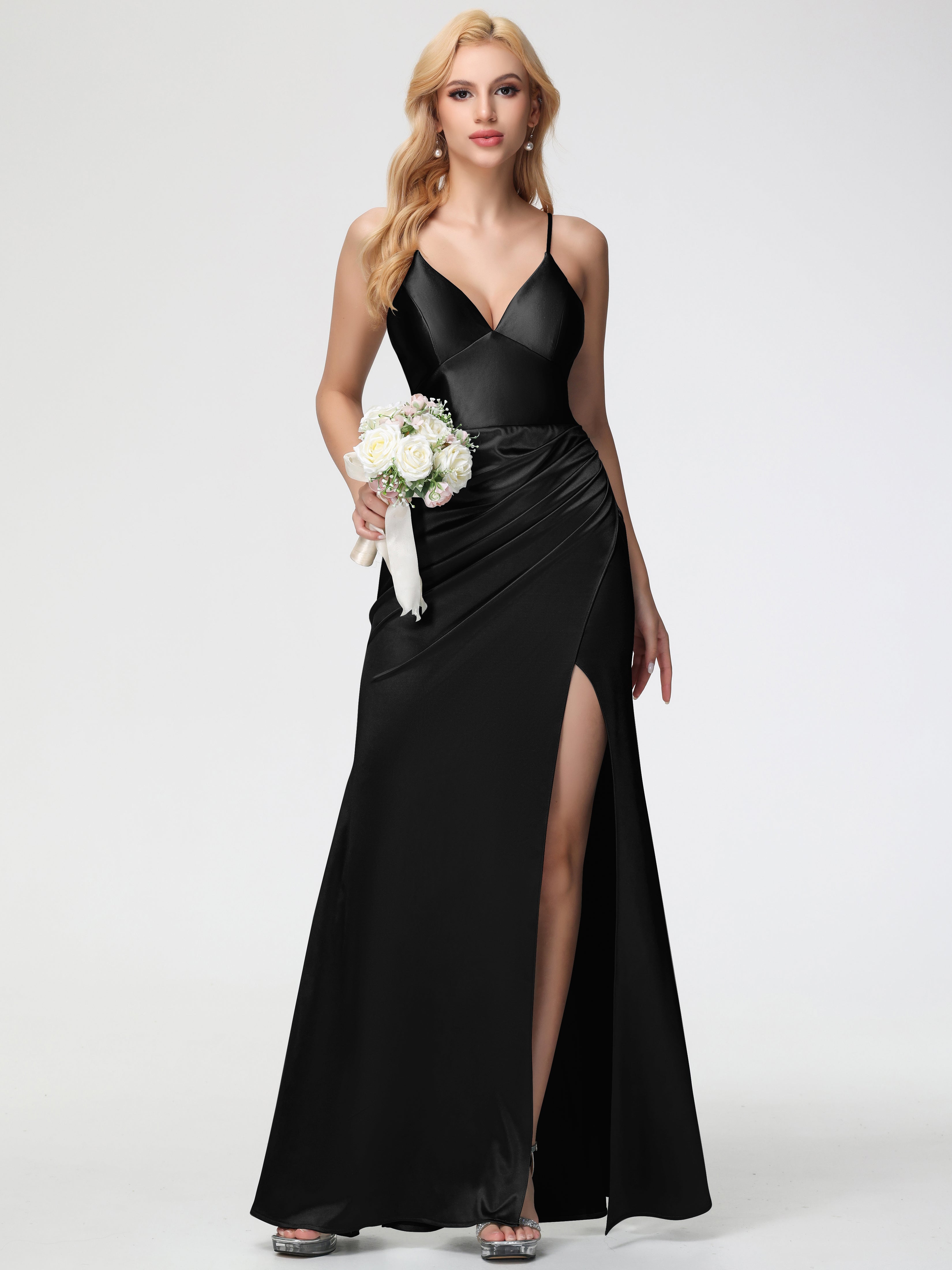 Black Stretchy Formal Dress Spaghetti Straps V-Neck Sheath Stretch Satin Formal Dress With Split