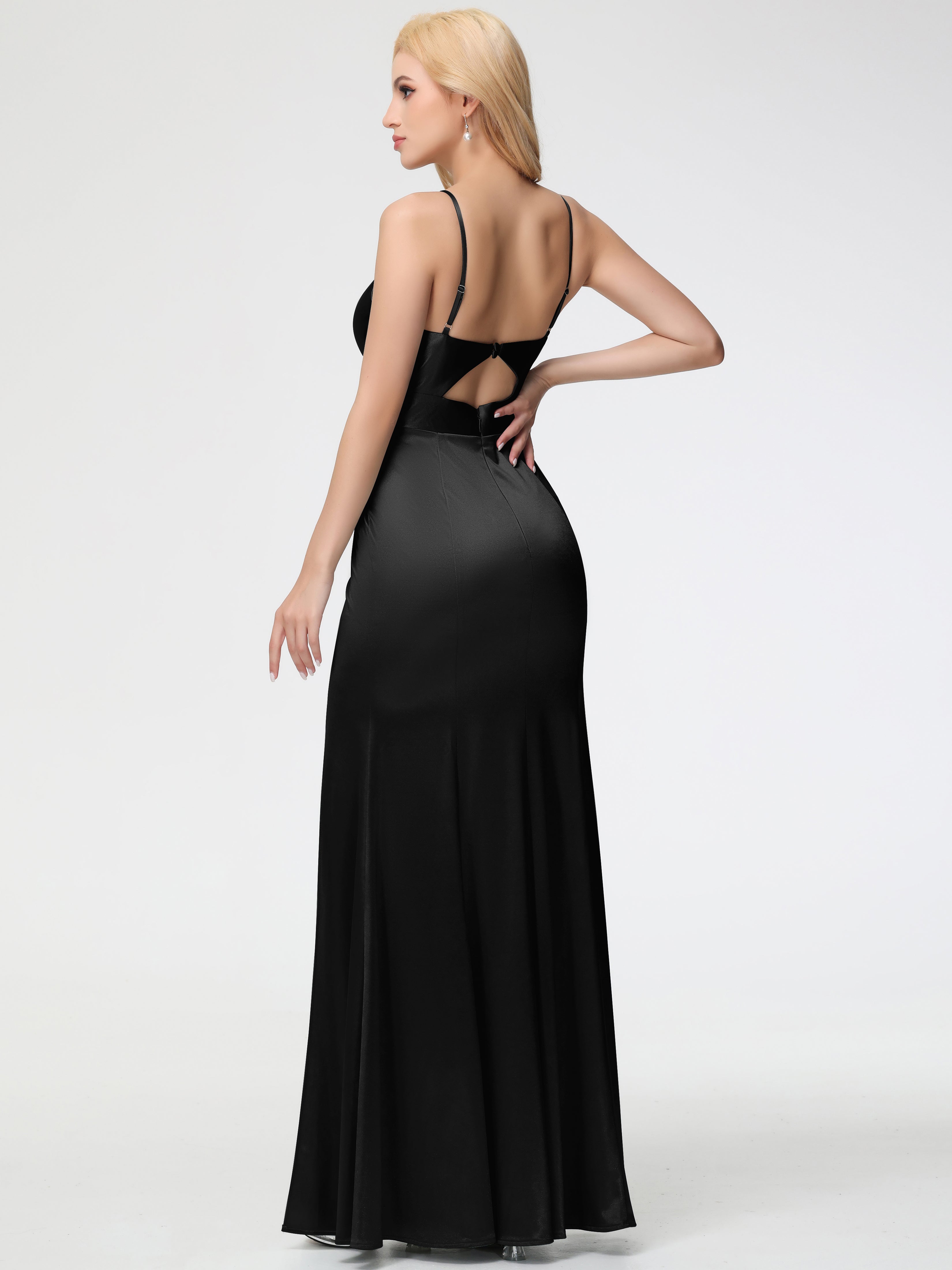 Black Stretchy Formal Dress Spaghetti Straps V-Neck Sheath Stretch Satin Formal Dress With Split