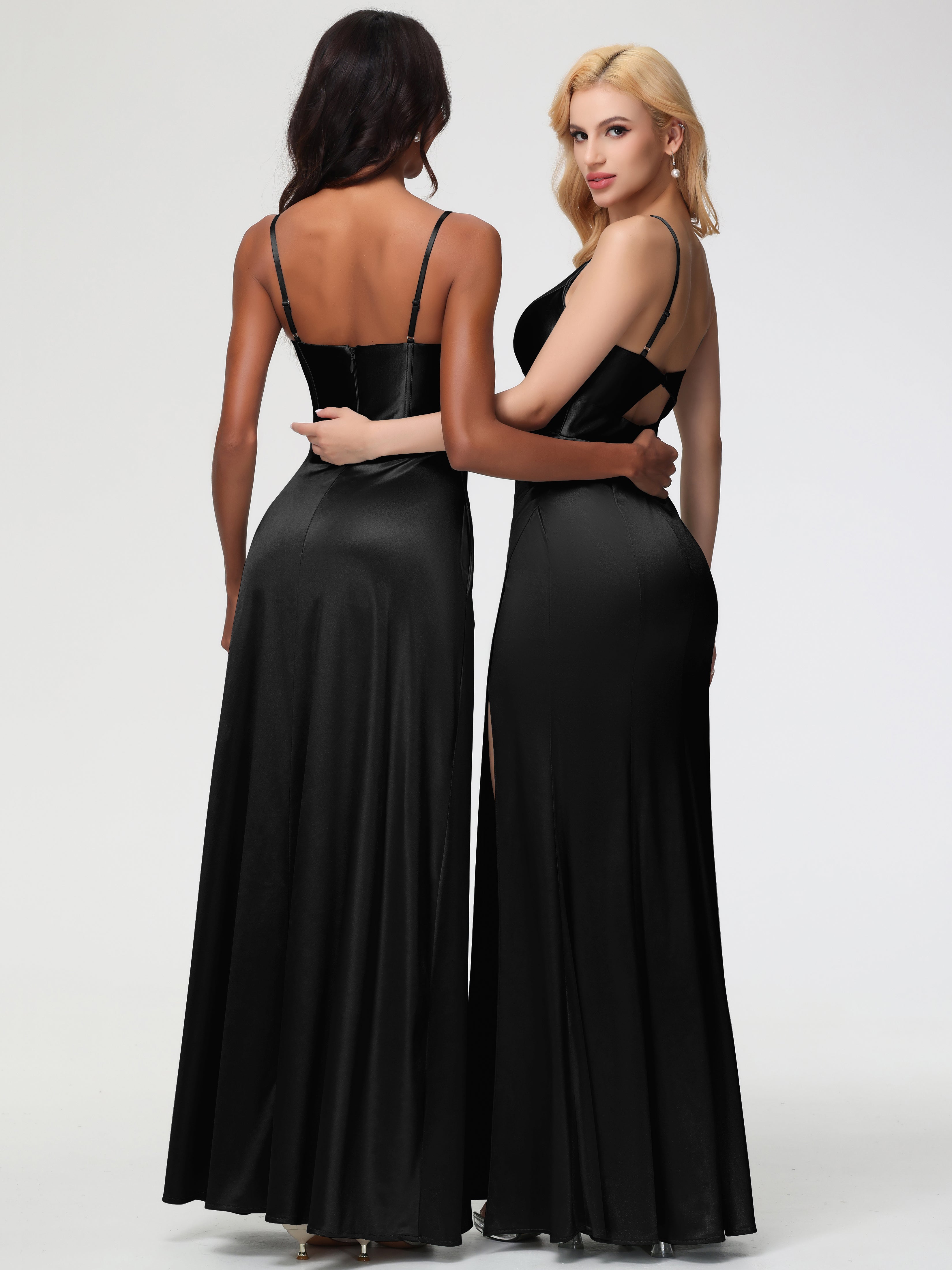 Black Stretchy Formal Dress Spaghetti Straps V-Neck Sheath Stretch Satin Formal Dress With Split
