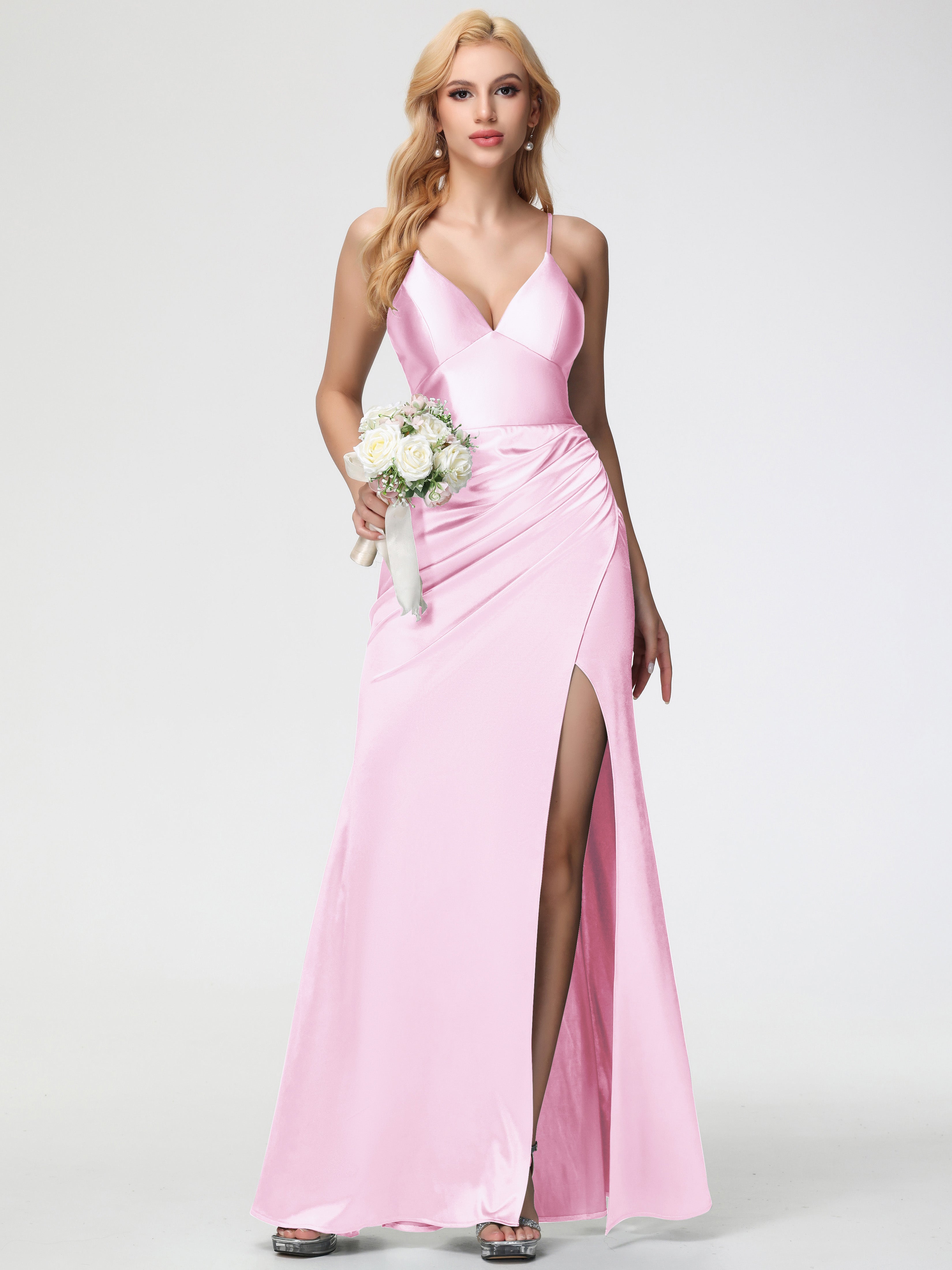Blushing Pink Formal Dress Spaghetti Straps V-Neck Sheath Stretch Satin Formal Dress With Split