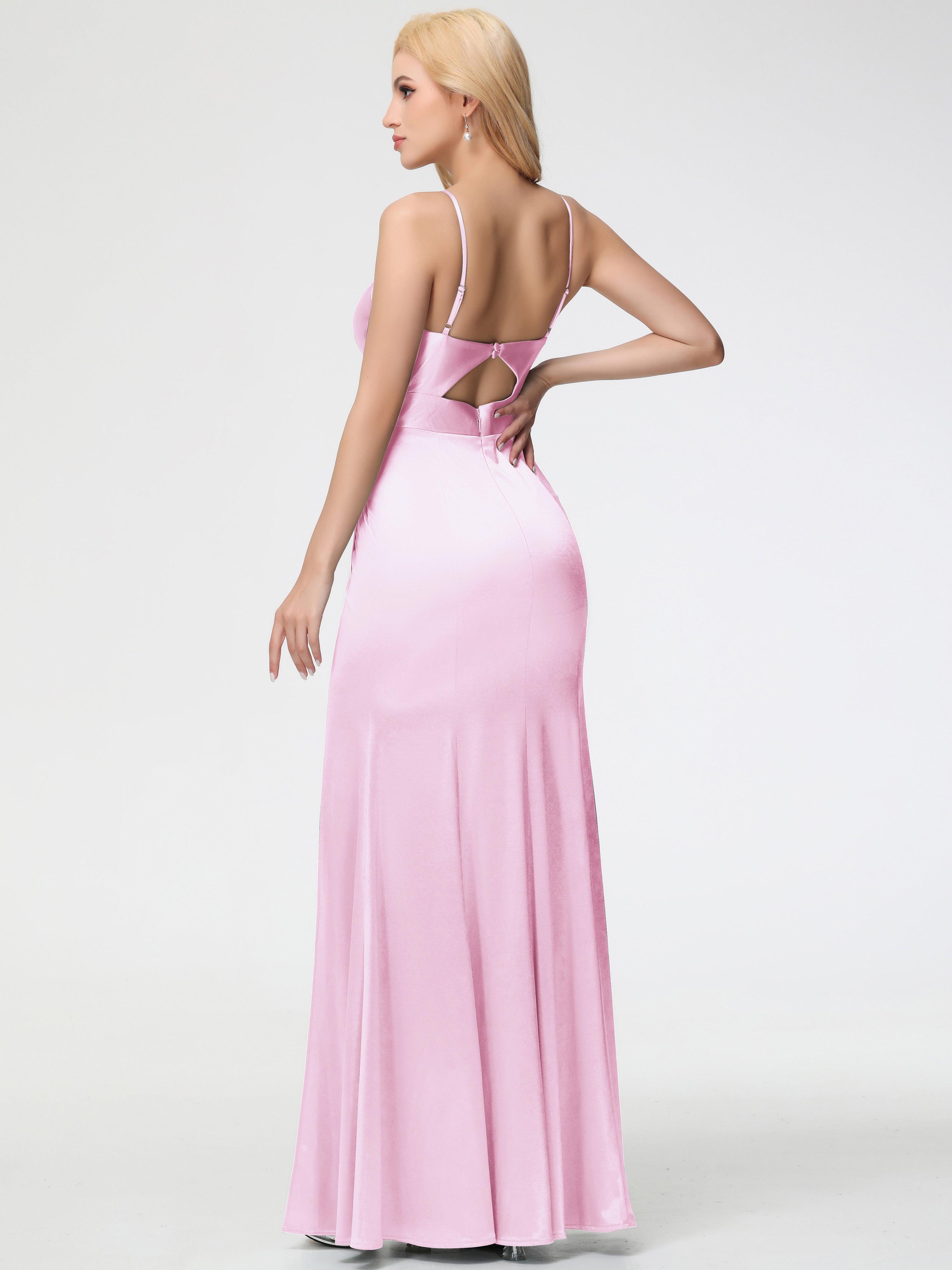 Blushing Pink Formal Dress Spaghetti Straps V-Neck Sheath Stretch Satin Formal Dress With Split