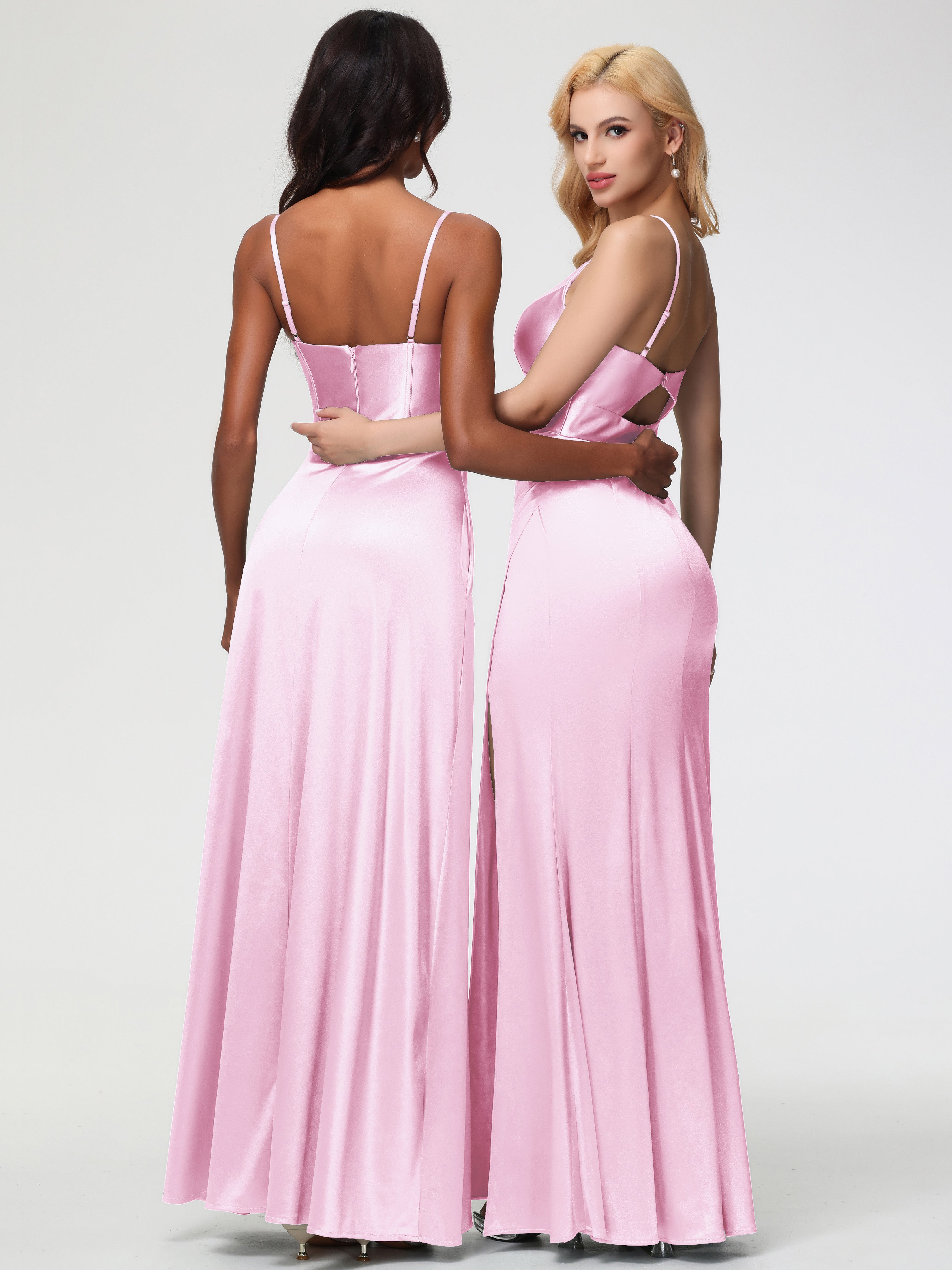 Blushing Pink Formal Dress Spaghetti Straps V-Neck Sheath Stretch Satin Formal Dress With Split