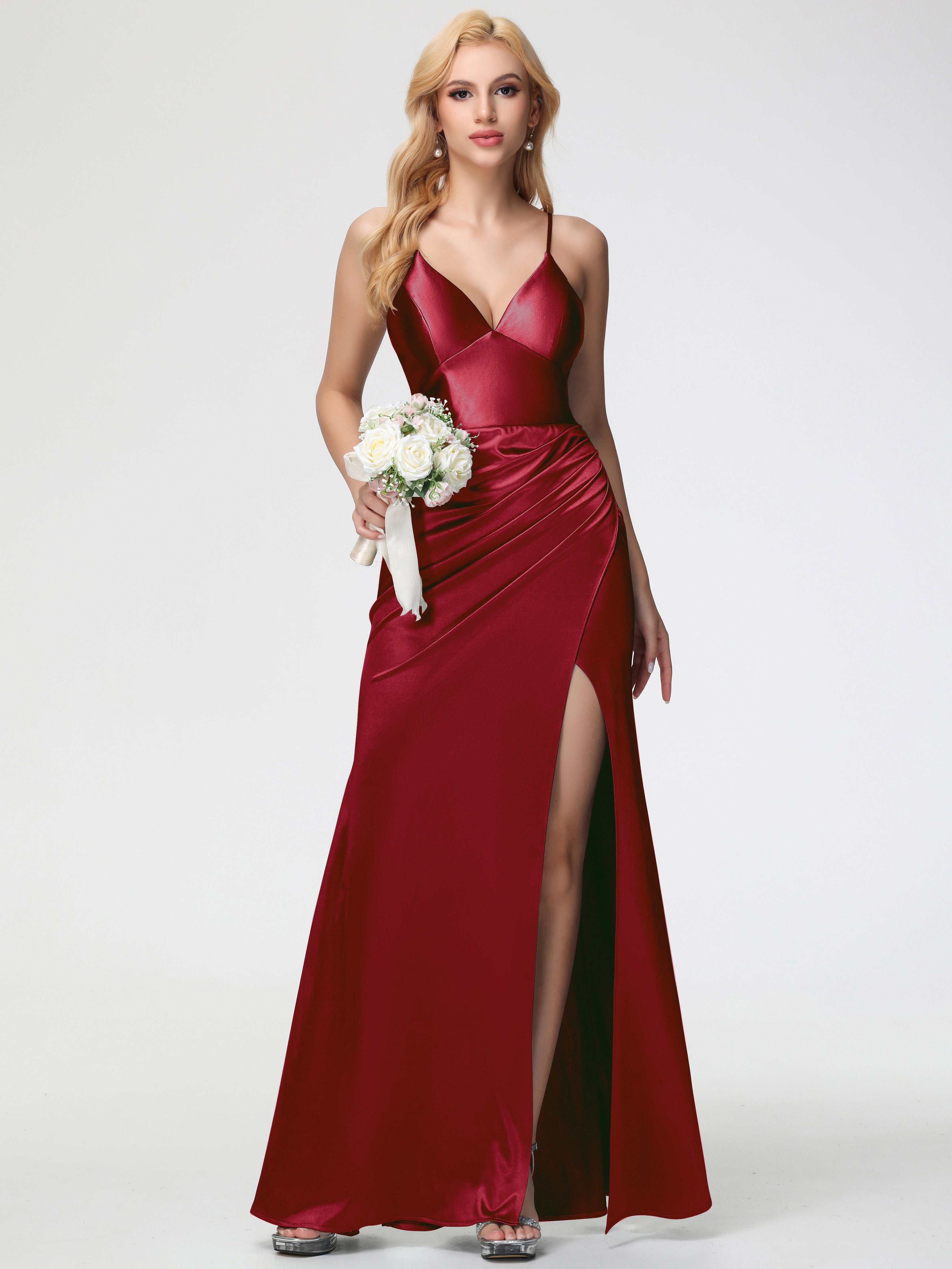 Burgundy Formal Dresses Spaghetti Straps V-Neck Sheath Stretch Satin Formal Dress With Split