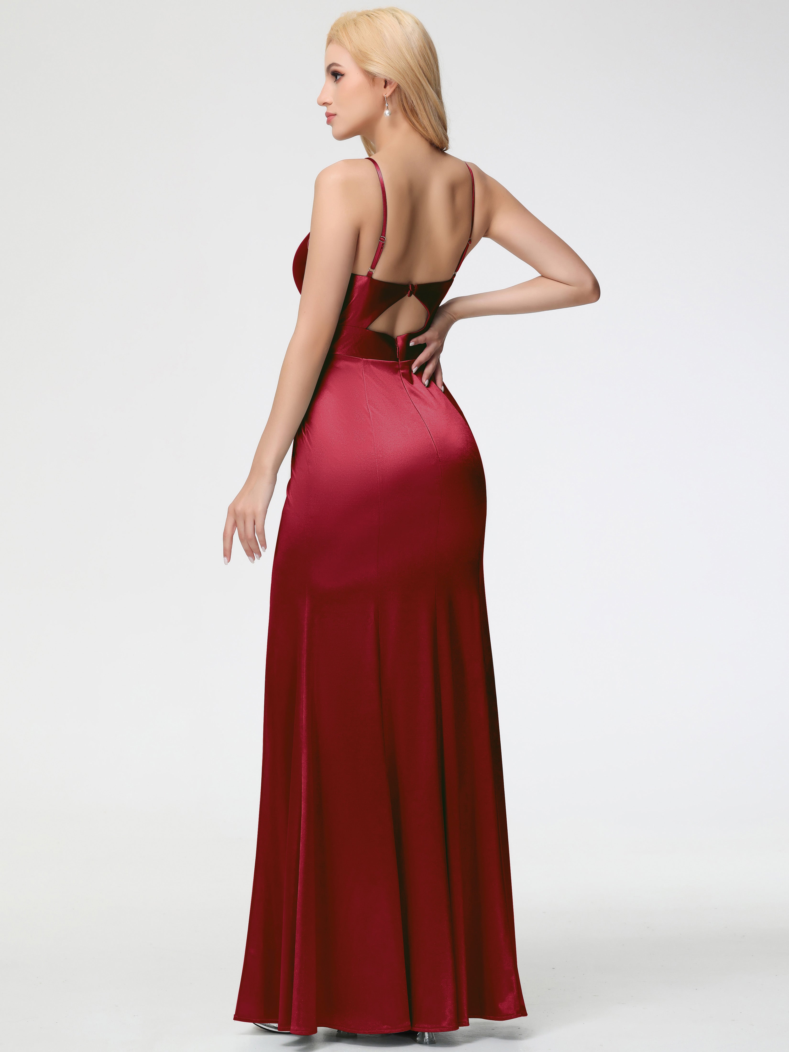 Burgundy Formal Dresses Spaghetti Straps V-Neck Sheath Stretch Satin Formal Dress With Split