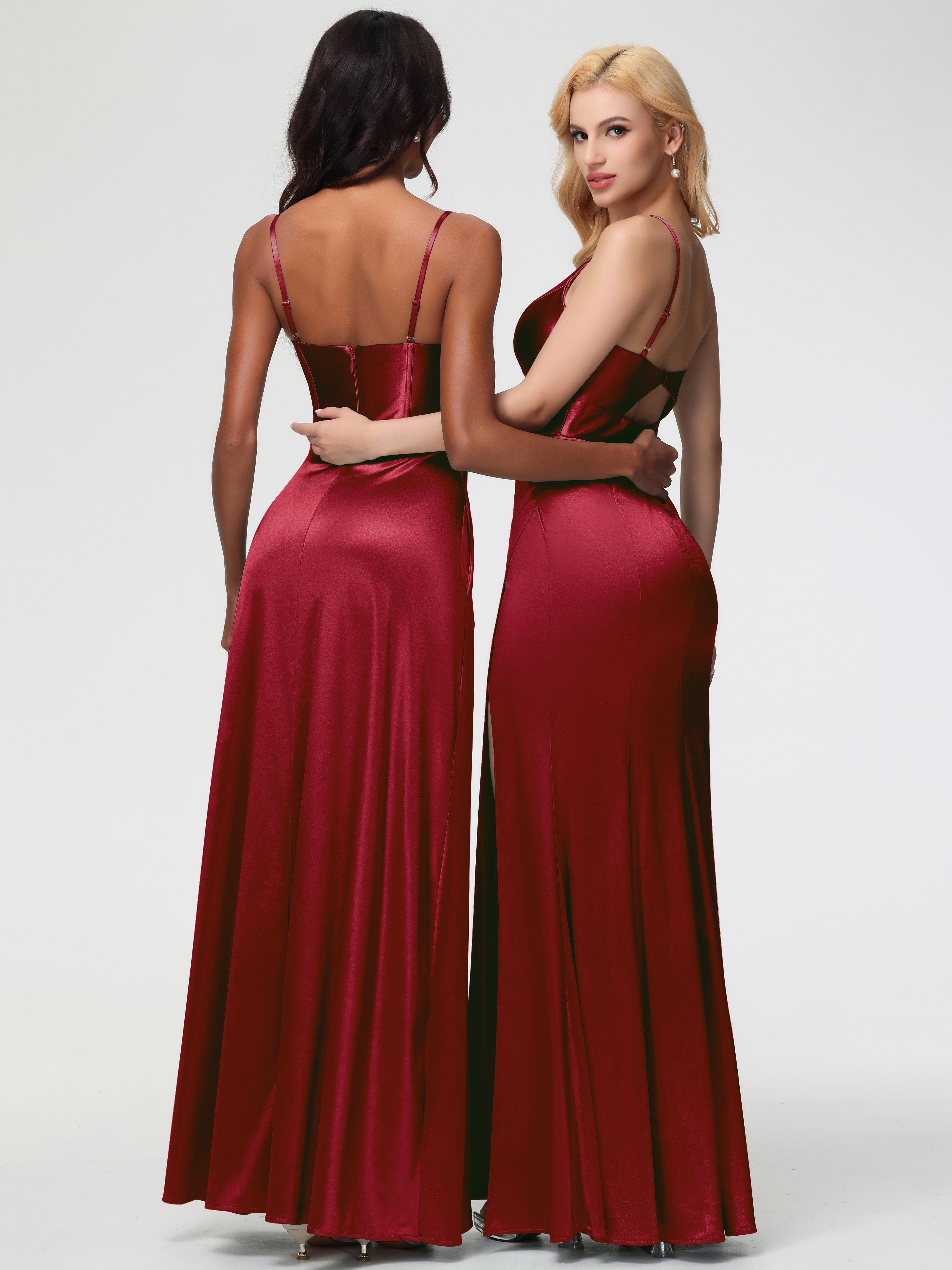 Burgundy Formal Dresses Spaghetti Straps V-Neck Sheath Stretch Satin Formal Dress With Split