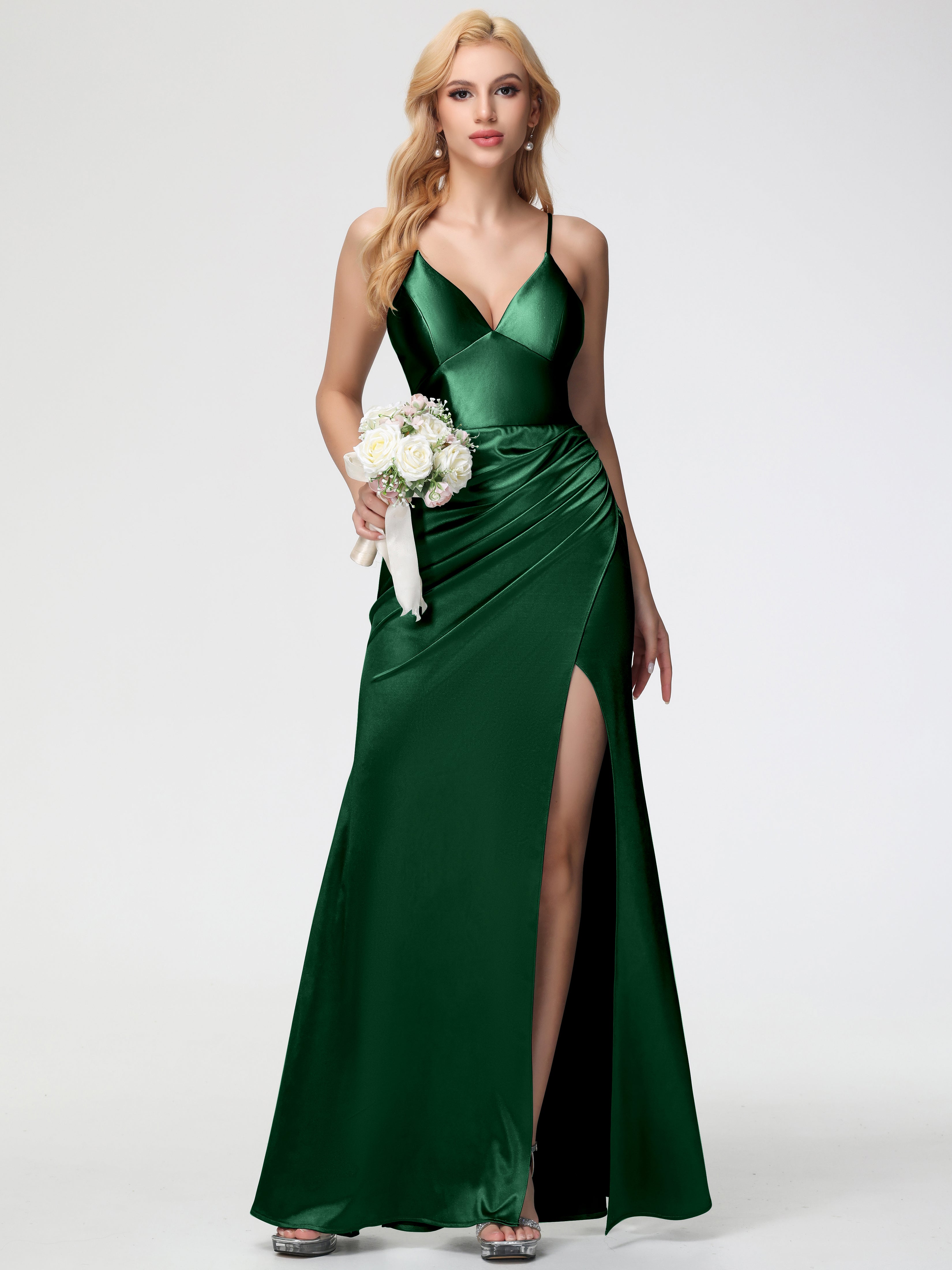 Dark Green Formal Dress Spaghetti Straps V-Neck Sheath Stretch Satin Formal Dress With Split