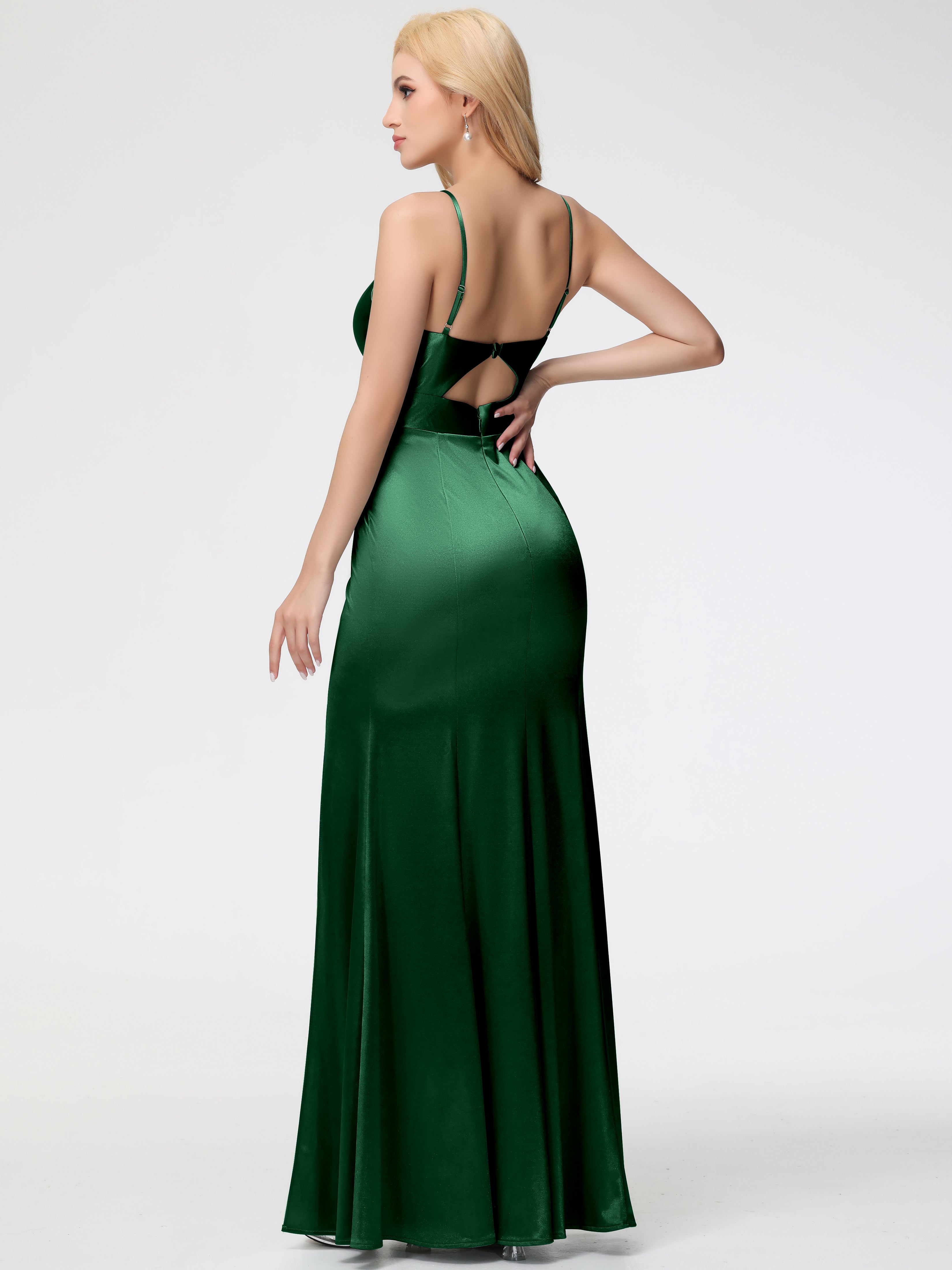 Dark Green Formal Dress Spaghetti Straps V-Neck Sheath Stretch Satin Formal Dress With Split