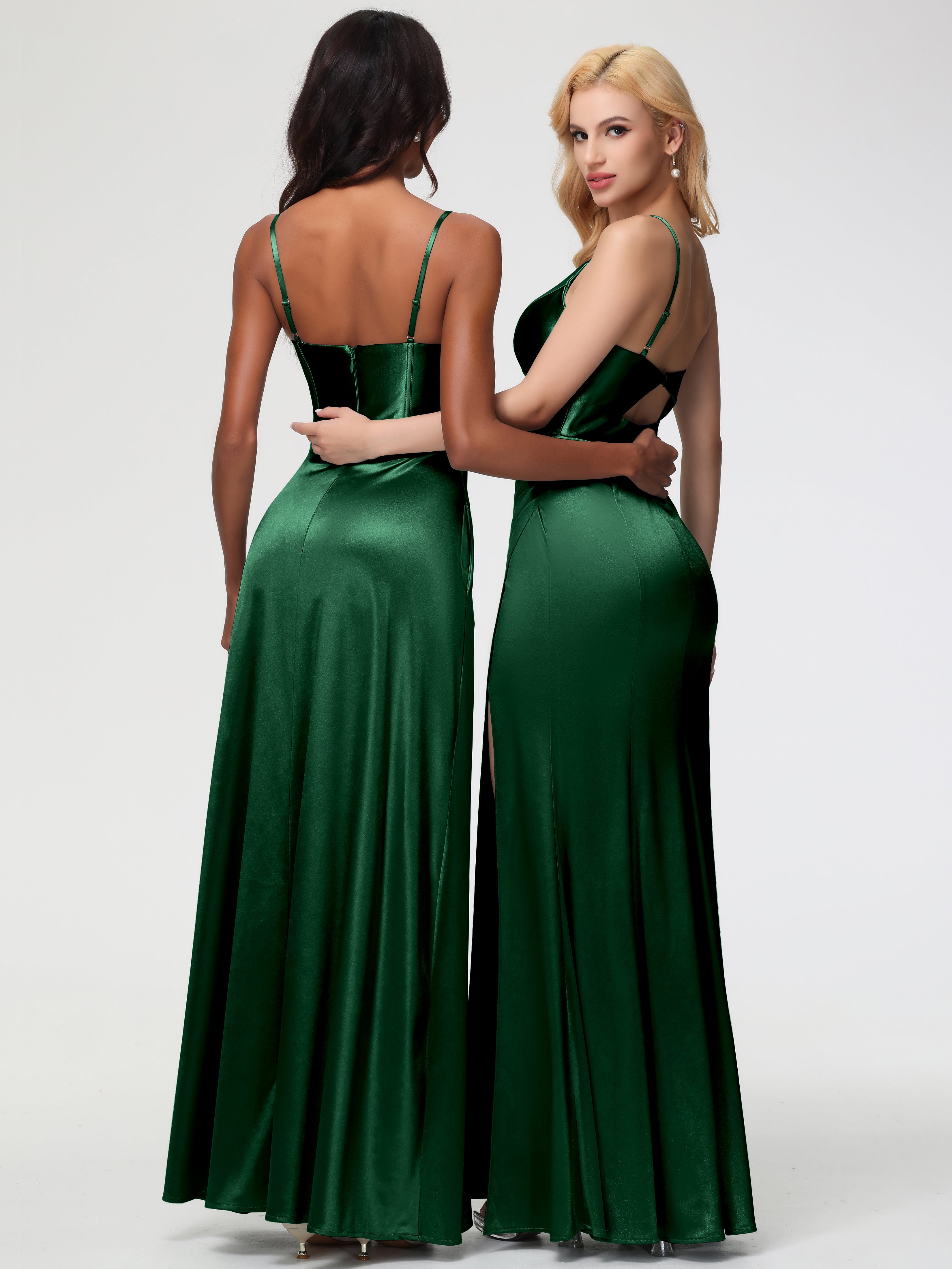 Dark Green Formal Dress Spaghetti Straps V-Neck Sheath Stretch Satin Formal Dress With Split