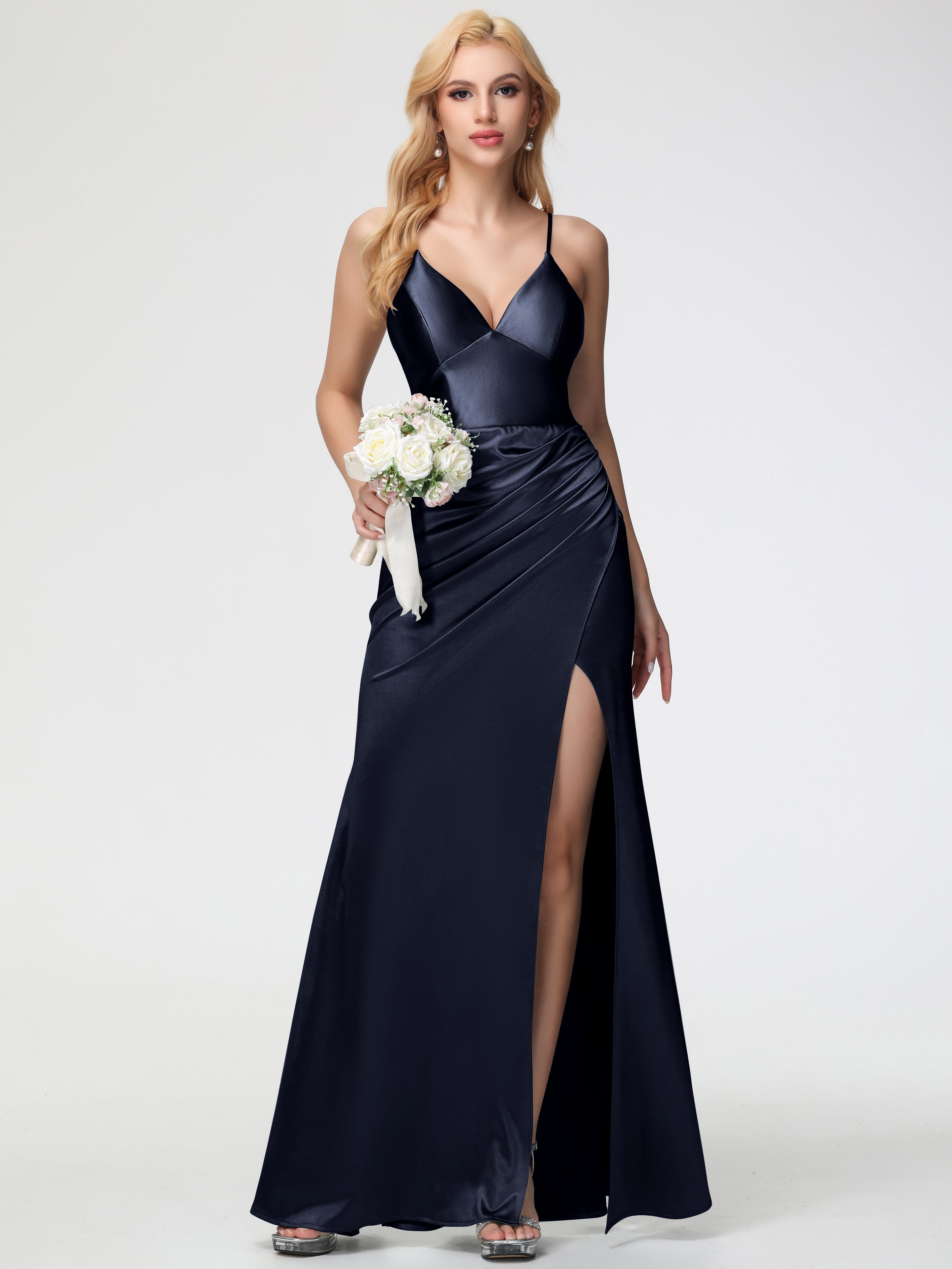 Dark Navy Formal Dress Spaghetti Straps V-Neck Sheath Stretch Satin Formal Dress With Split