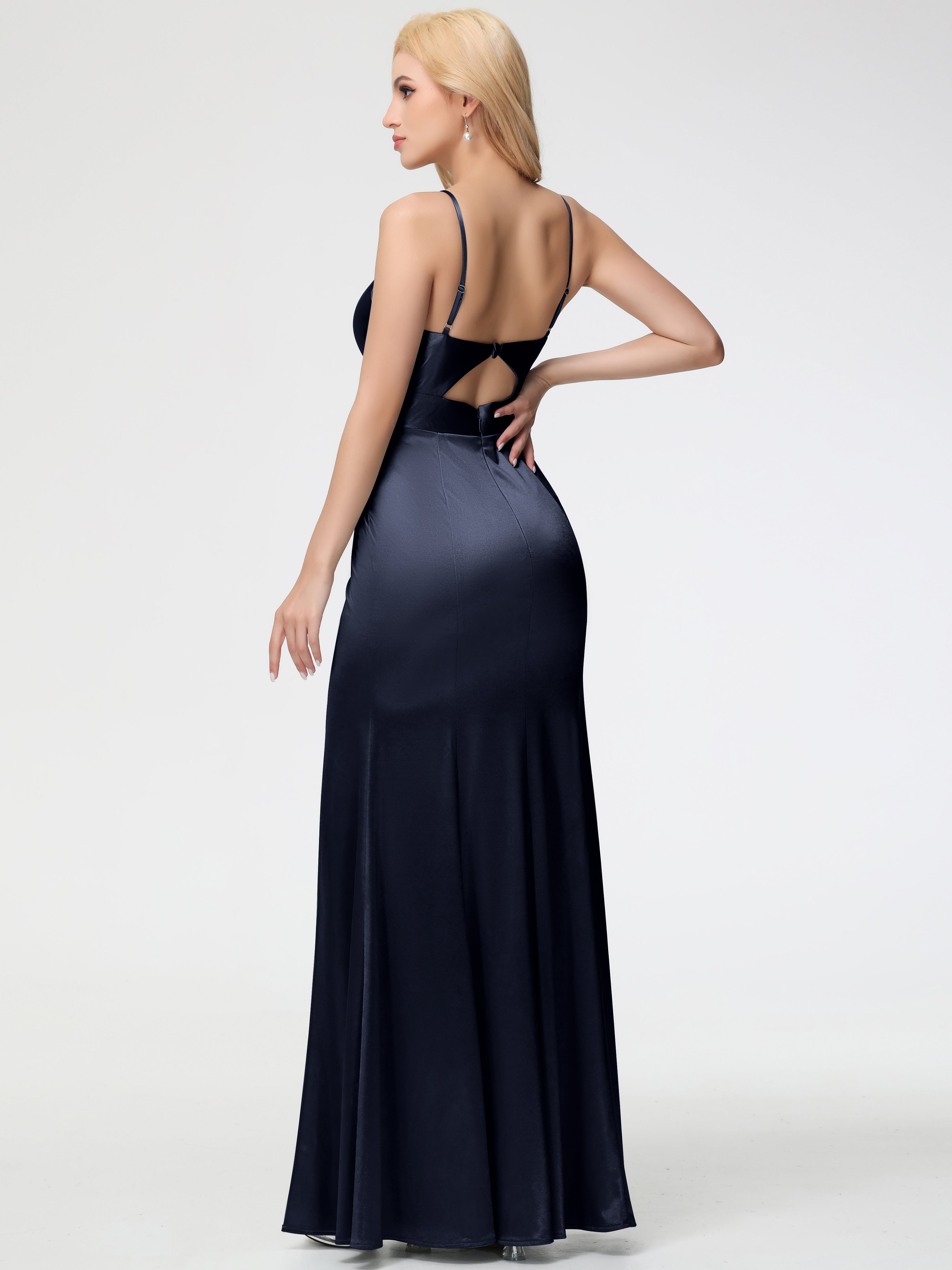 Dark Navy Formal Dress Spaghetti Straps V-Neck Sheath Stretch Satin Formal Dress With Split