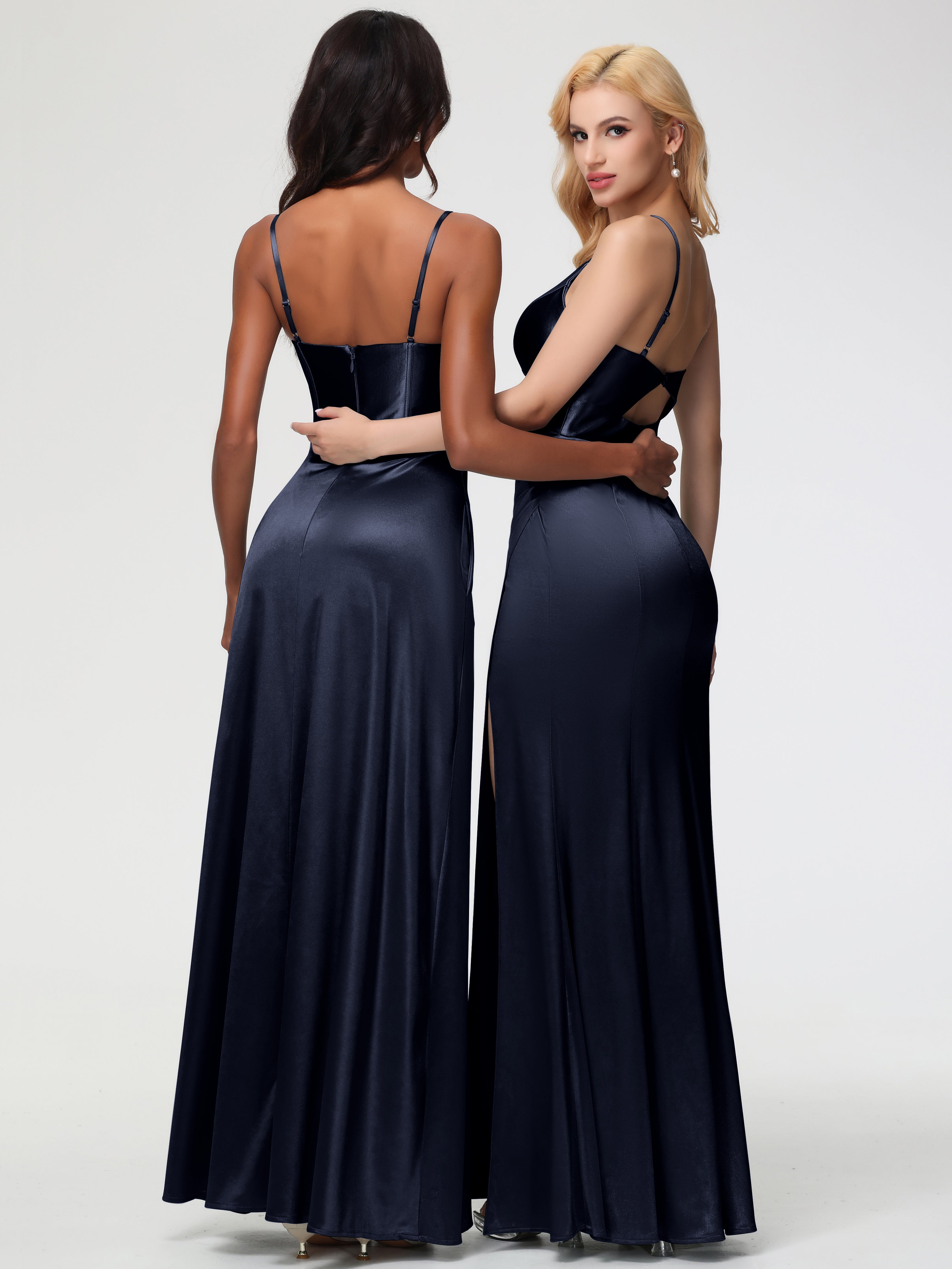 Dark Navy Formal Dress Spaghetti Straps V-Neck Sheath Stretch Satin Formal Dress With Split