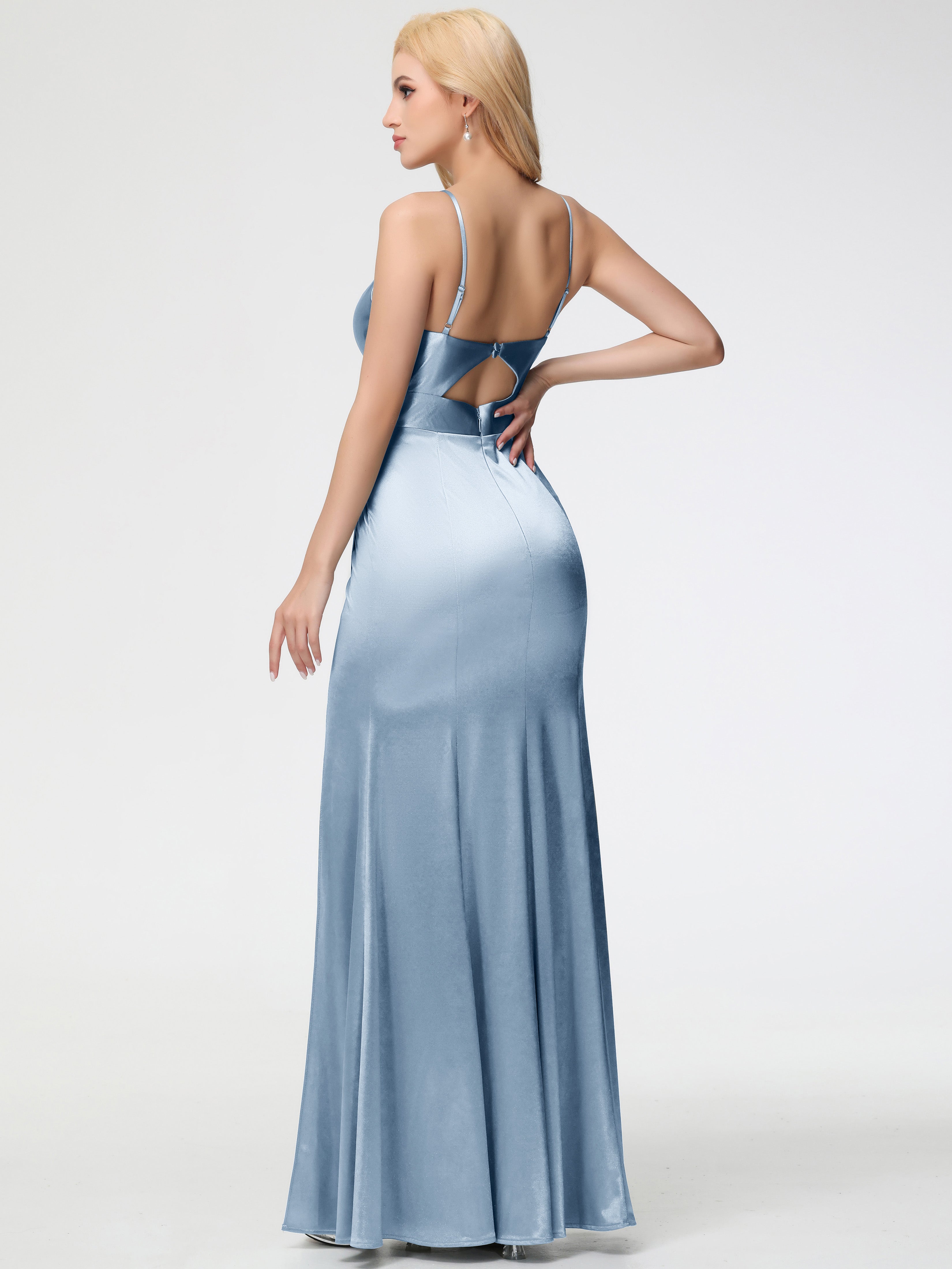 Dusty Blue Formal Dresses Spaghetti Straps V-Neck Sheath Stretch Satin Formal Dress With Split