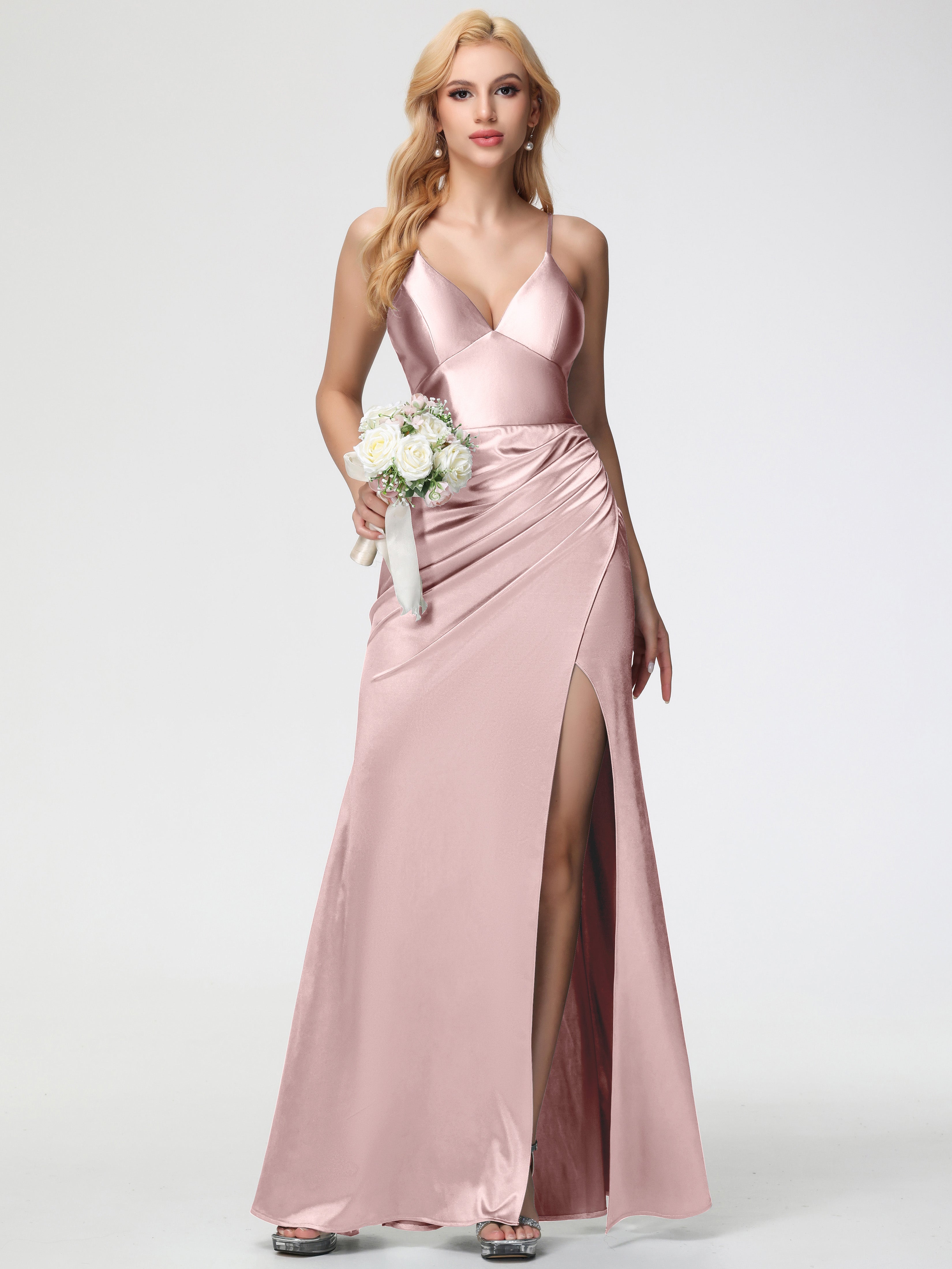 Dusty Rose Formal Dress Spaghetti Straps V-Neck Sheath Stretch Satin Formal Dress With Split