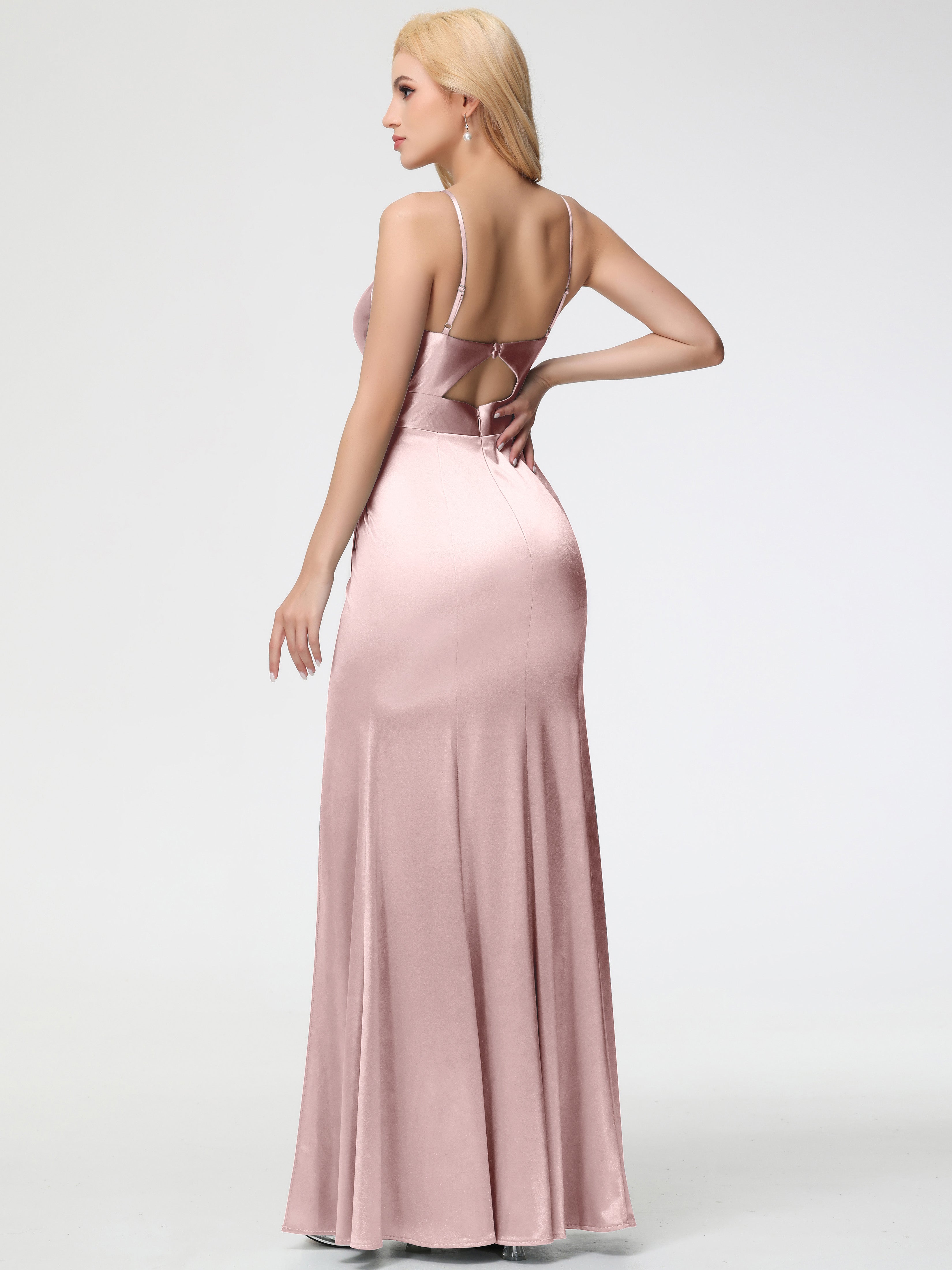 Dusty Rose Formal Dress Spaghetti Straps V-Neck Sheath Stretch Satin Formal Dress With Split