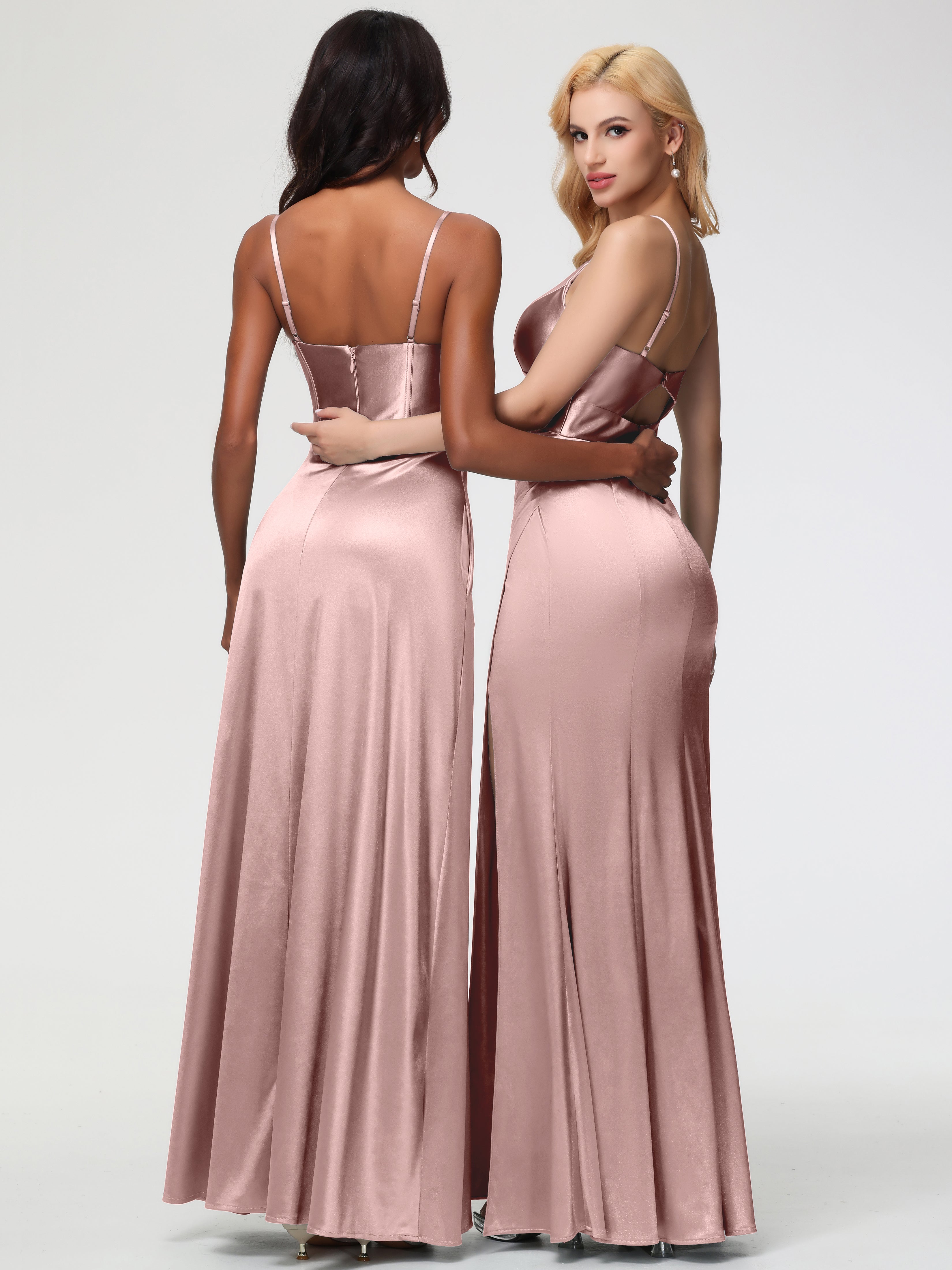 Dusty Rose Formal Dress Spaghetti Straps V-Neck Sheath Stretch Satin Formal Dress With Split