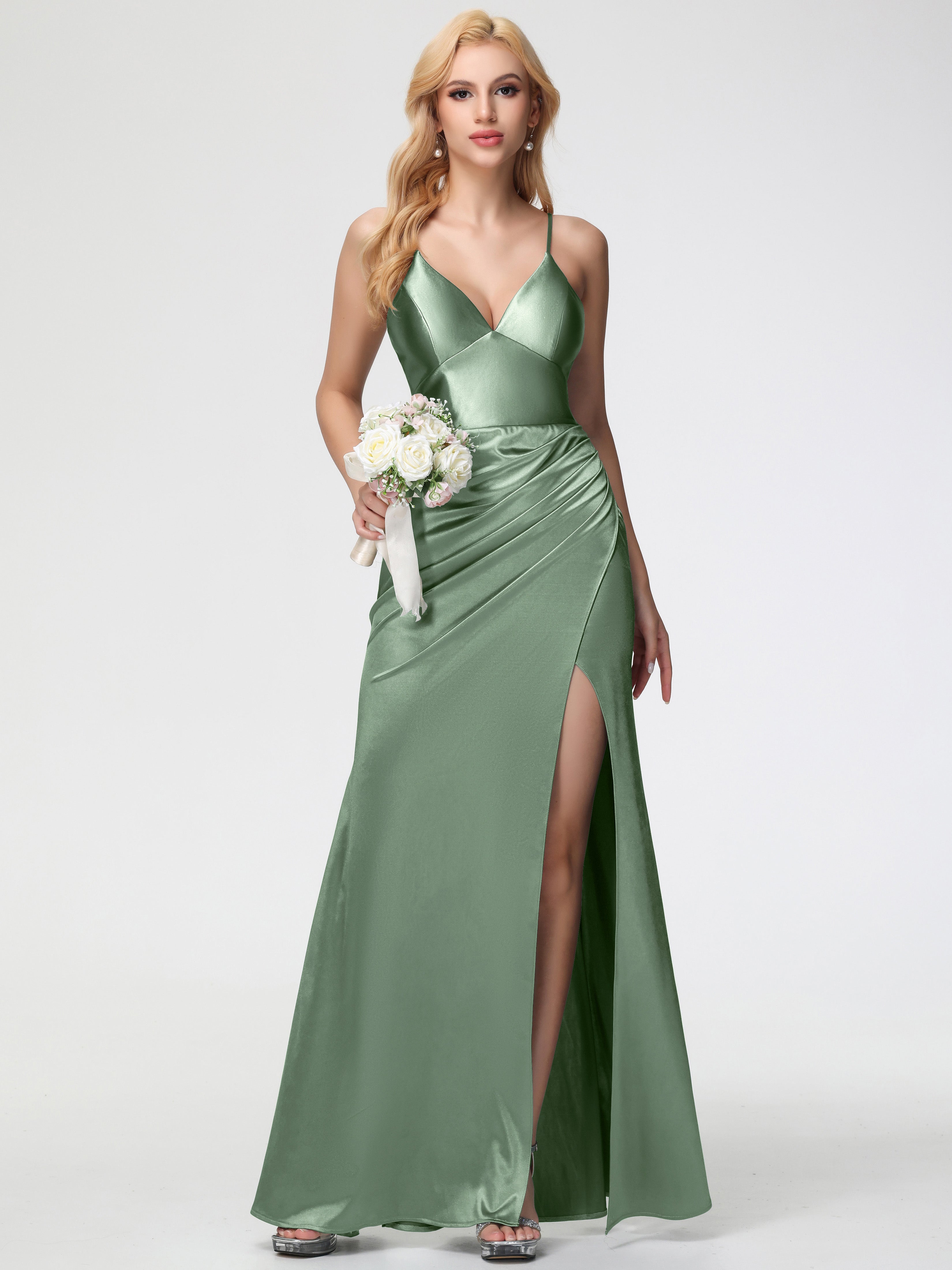 Dusty Sage Green Formal Dresses Spaghetti Straps V-Neck Sheath Stretch Satin Formal Dress With Split