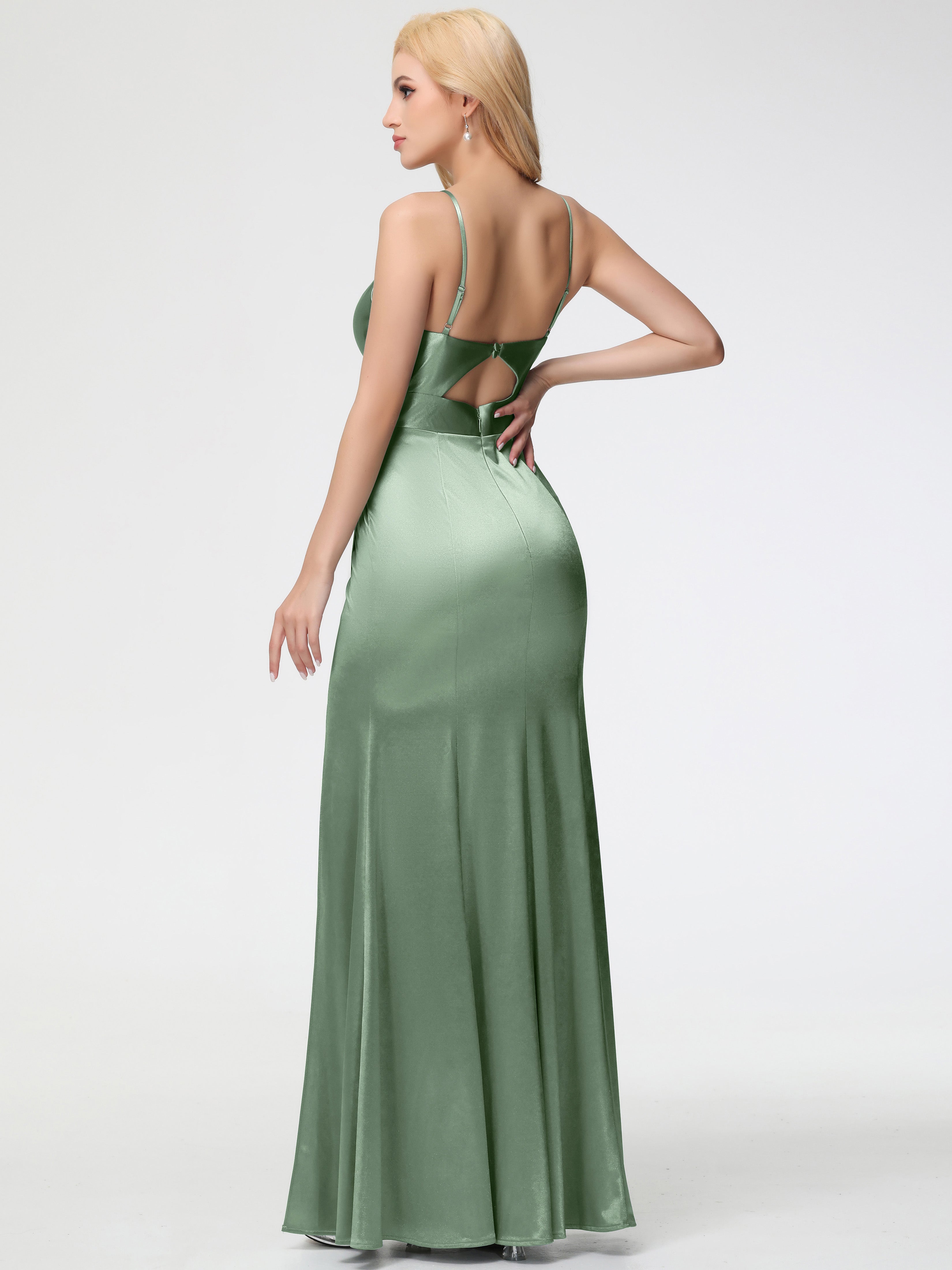 Dusty Sage Green Formal Dresses Spaghetti Straps V-Neck Sheath Stretch Satin Formal Dress With Split